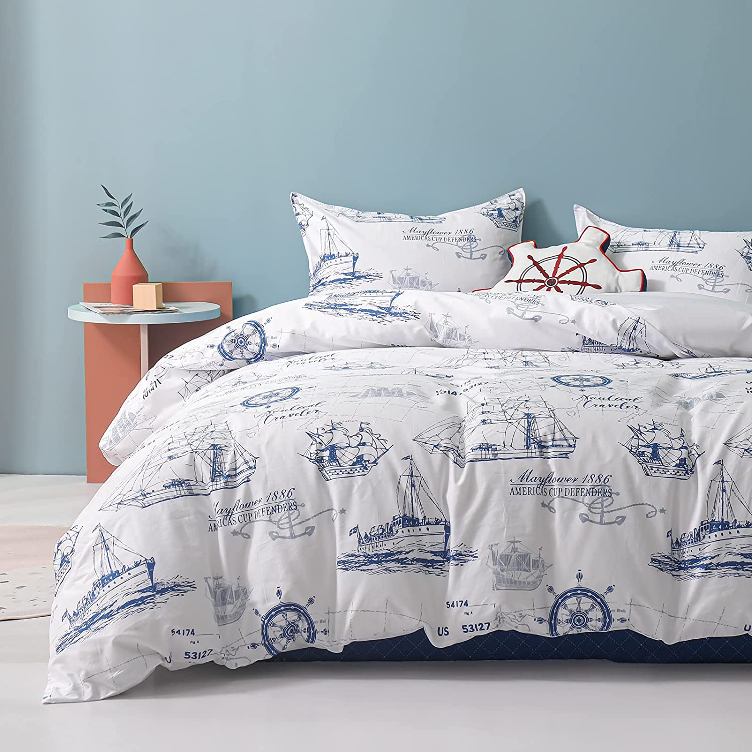 Price:$69.99  100% Organic Cotton Duvet Cover for Kids Teens, 4 Piece Soft Cartoon Comforter Cover with Zipper Closure, Boys Bedding Set with Sailboat Pattern,Full/Queen : Home & Kitchen
