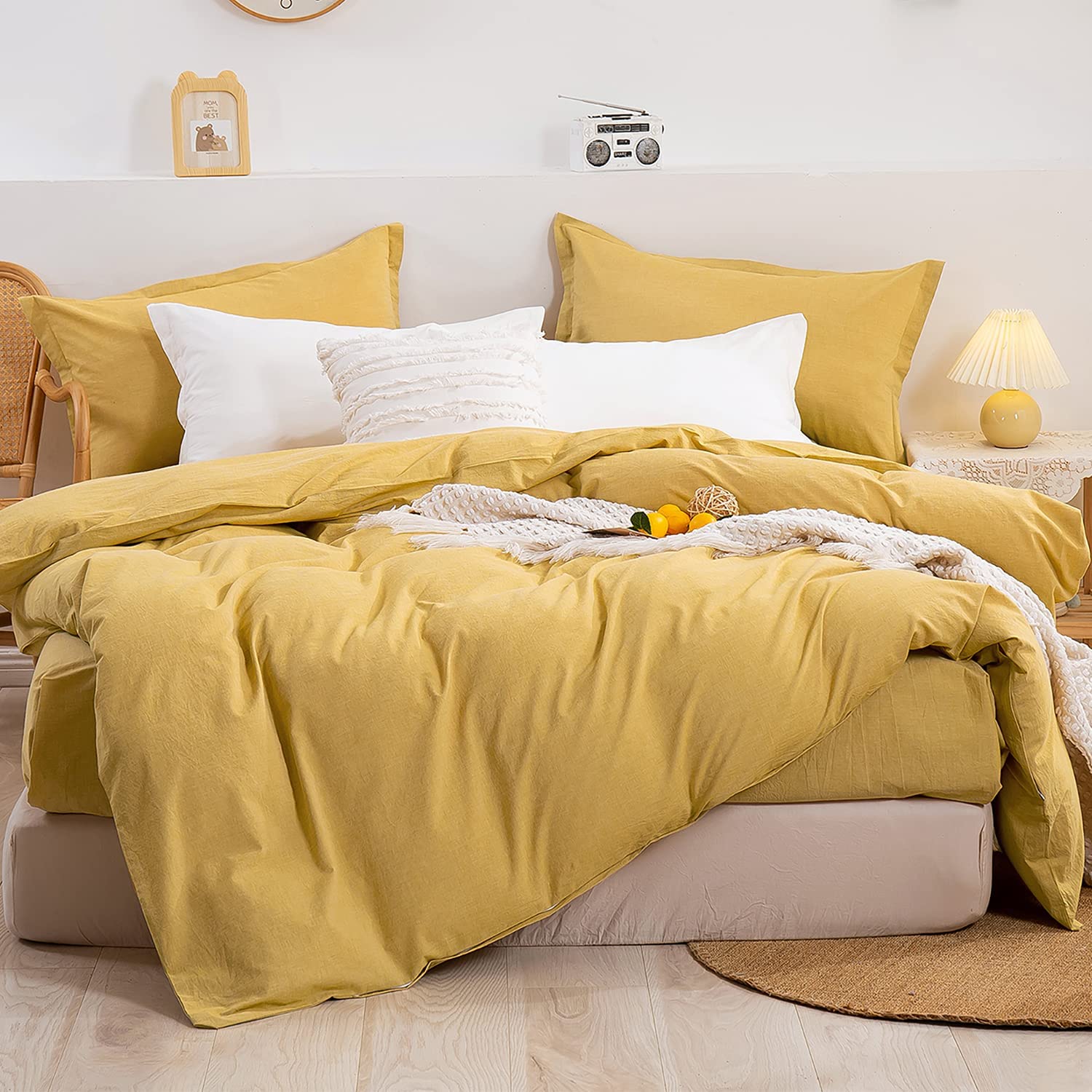 Price:$49.99  100% Washed Cotton Duvet Cover Set, 3 Pieces Bedding Set Queen Size, Soft and Comfortable Natural Wrinkled Breathable, Easy Care with Zipper Ties (Queen Size, Yellow) : Home & Kitchen