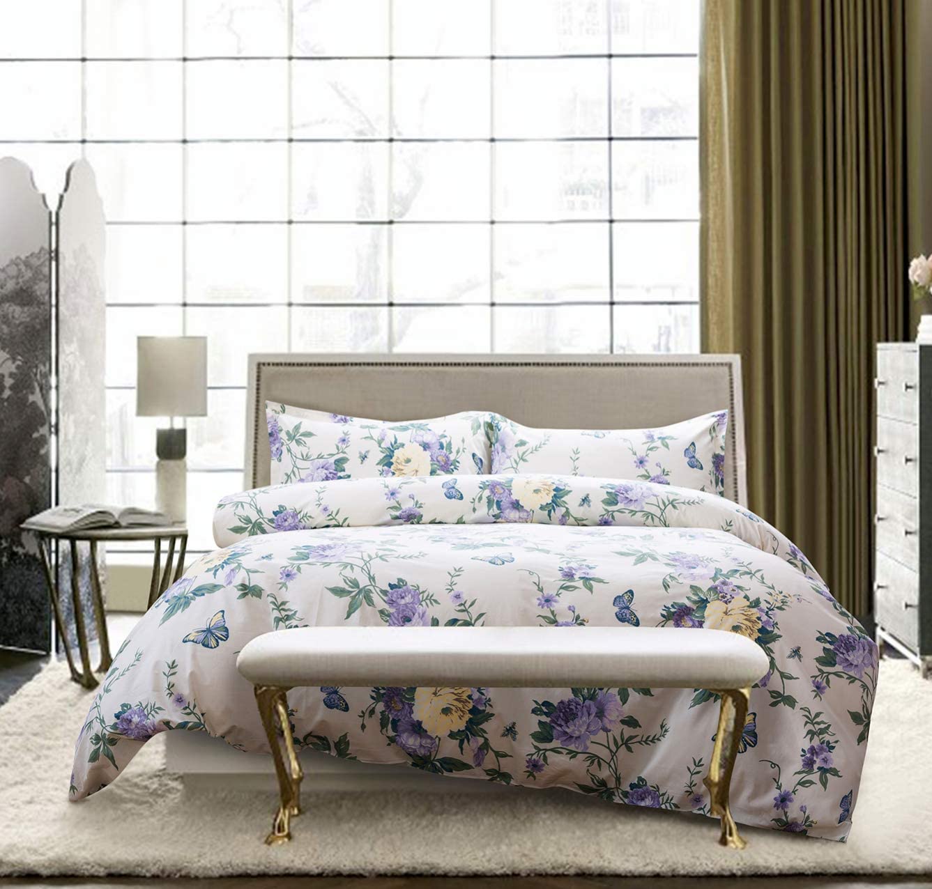 Price:$86.80  Shabby Chic Floral Duvet Cover and Pillowcases Set Cottage Garden Botanical Nature Flowers Cabbage Roses Peony Rosy Vines Farmhouse Bedding French Country Style (Violet, King) : Home & Kitchen