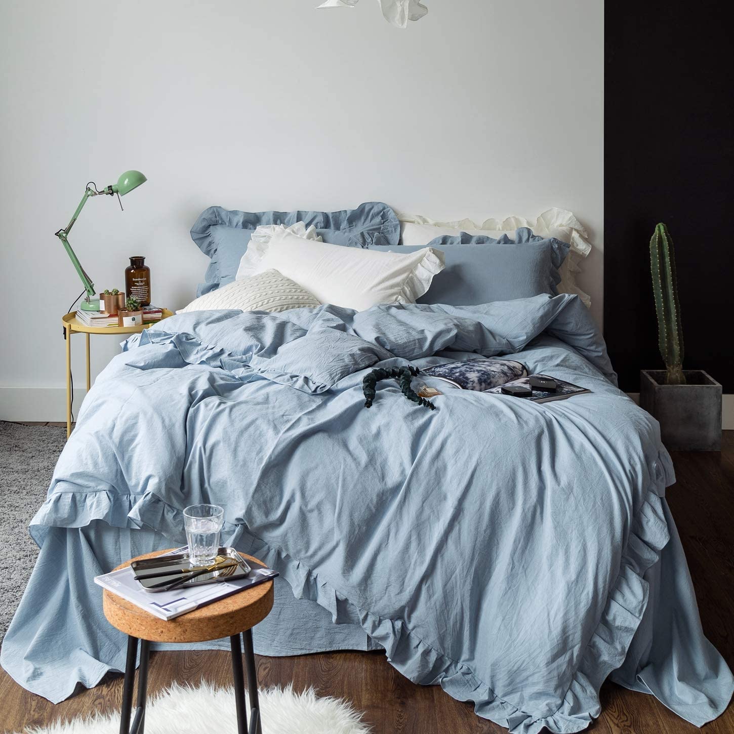 Price:$79.99  3 Pieces Vintage Ruffle Duvet Cover Set 100% Washed Cotton Queen Size Solid PowderBlue Shabby Chic Princess Bedding with Zipper Ties 1 Duvet Cover 2 Pillow Shams Hotel Quality Soft Breathable : Home & Kitchen