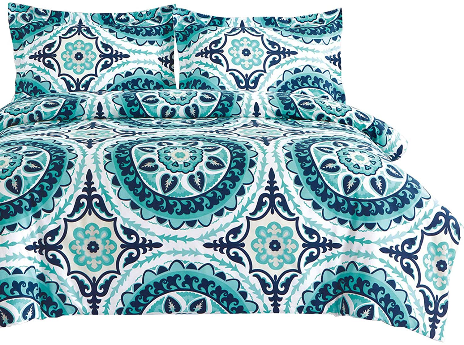 Price:$39.99  In Cloud - Teal Duvet Cover Set, Turquoise Bohemian Boho Chic Mandala Medallion Printed on White, Soft Microfiber Bedding with Zipper Closure (3pcs, King Size) : Home & Kitchen