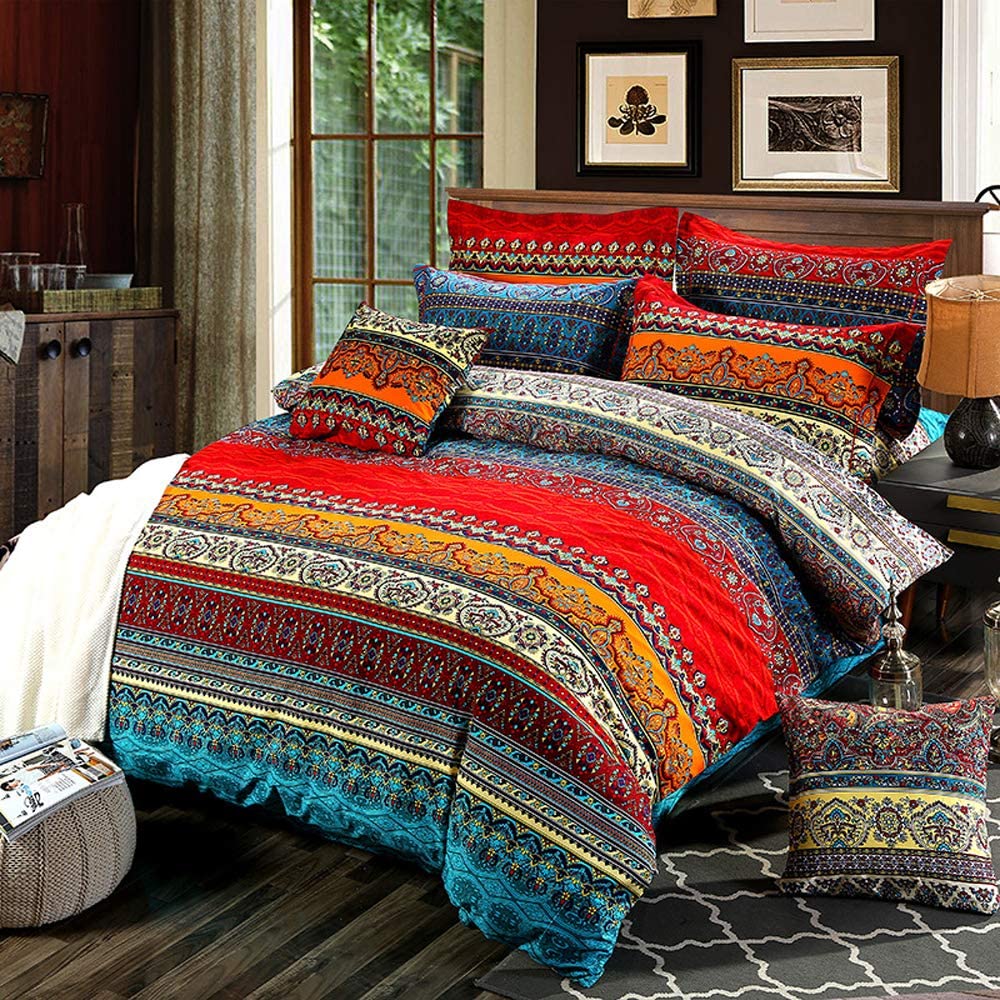 Price:$39.99  Duvet Cover Set King Colorful Floral Boho Striped Bedding Set Ultra Soft Microfiber Double Duvet Cover Southwestern Indian Tribal Reversible Bedding Exotic Style Decor Boho Comforter Cover : Home & Kitchen