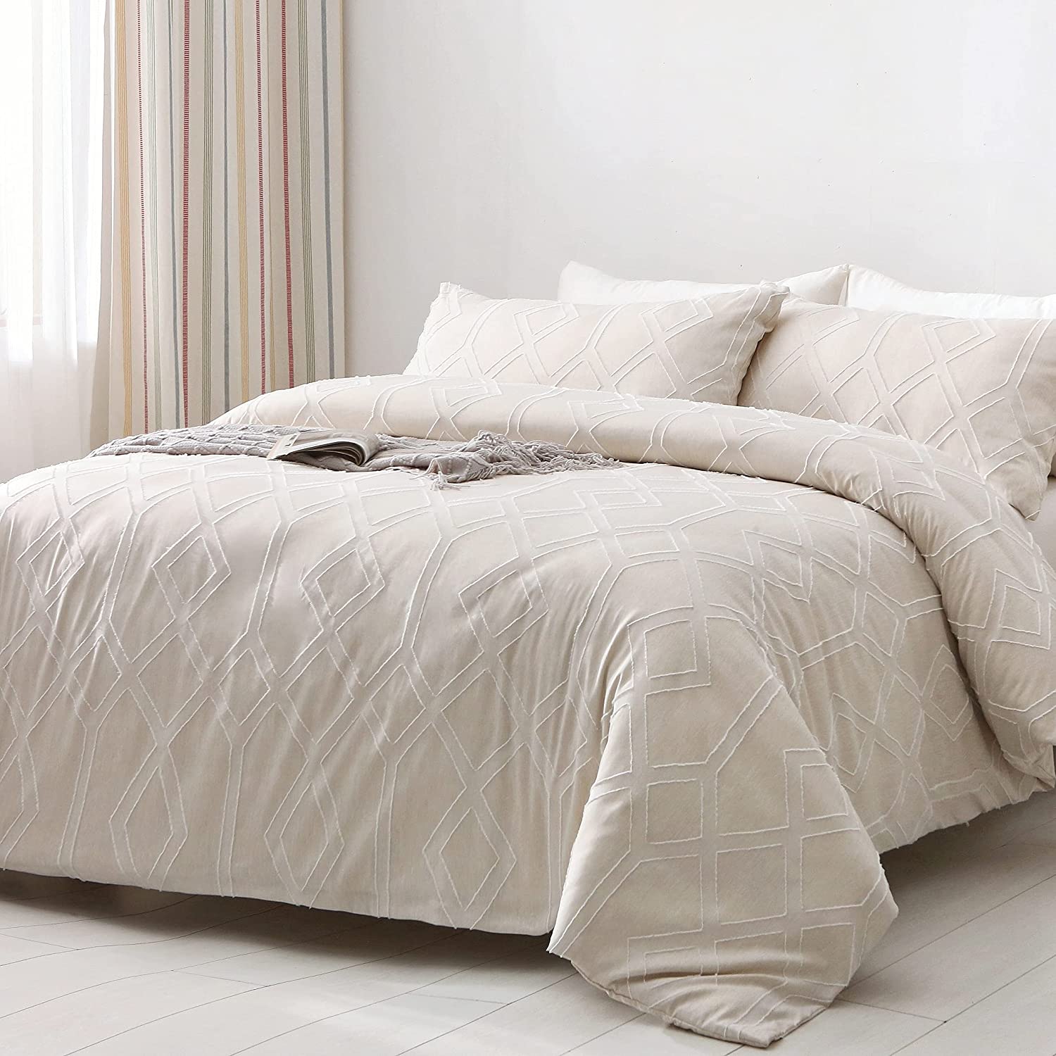 Price:$42.99  Cover King Size, 3 Pieces Tufted Comforter Cover Set, Soft and Embroidery Shabby Chic Boho Bedding Sets for All Seasons,Beige : Home & Kitchen
