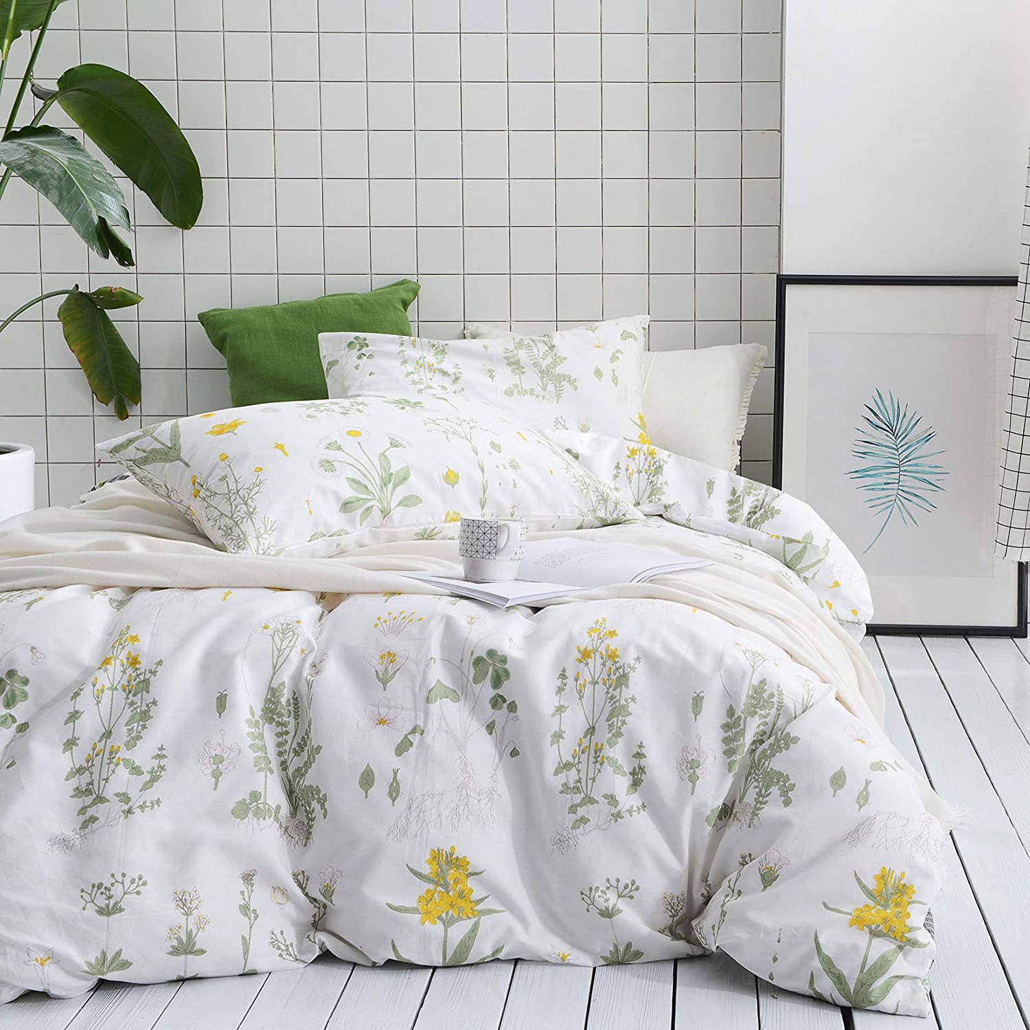 Price:$89.99  In Cloud - Botanical Duvet Cover Set, 100% Cotton Bedding, Yellow Flowers and Green Leaves Floral Garden Pattern Printed on White (3pcs, King Size) : Home & Kitchen