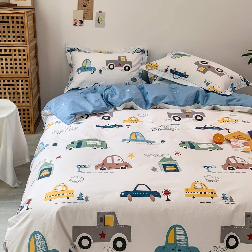 Price:$48.99  Cars Duvet Cover Set Twin 100% Cotton Bedding for Kids Boys Girls Teens Cartoon Transportation Car Truck Bus Taxi on White 1 Reversible Blue Comforter Cover with Zipper 2 Pillowcases (Twin) : Home & Kitchen