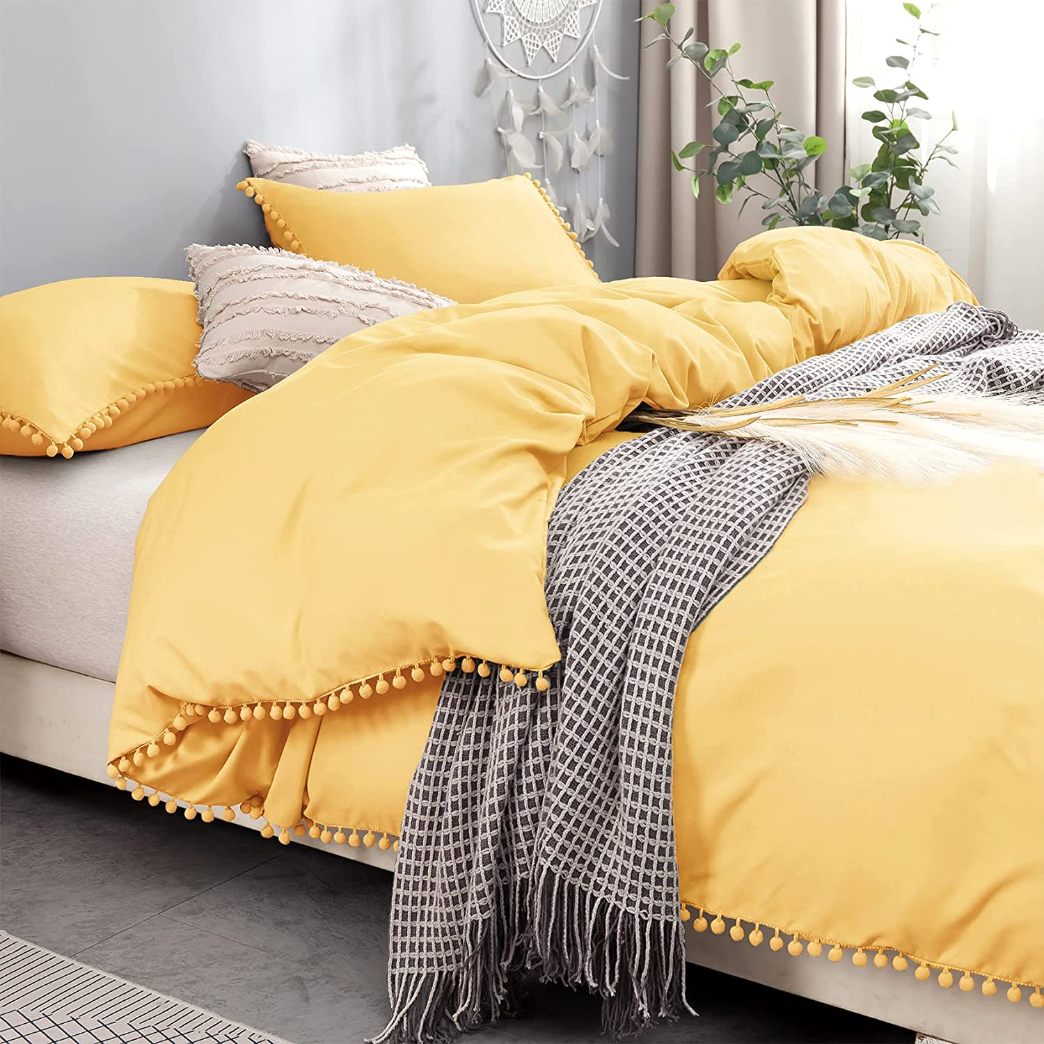 Price:$46.99  Pom Pom Fringe Duvet Cover Full/Queen Size,100% Washed Microfiber 3 Pieces Yellow Duvet Cover Set, Soft and Durable with Zipper Closure and Corner Ties (Full / Queen, Yellow) : Home & Kitchen