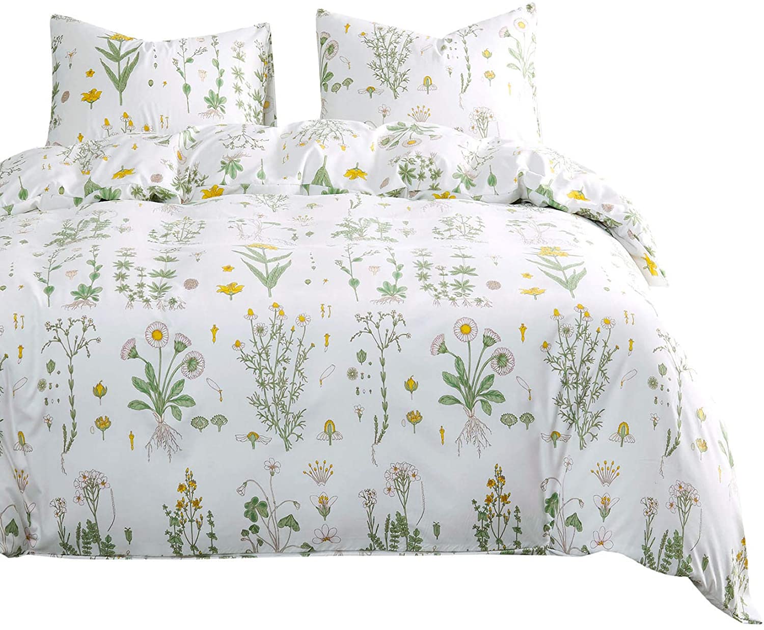 Price:$37.99  In Cloud - Botanical Duvet Cover Set, Yellow Flowers and Green Leaves Floral Garden Pattern Printed on White, Soft Microfiber Bedding with Zipper Closure (3pcs, Queen Size) : Home & Kitchen