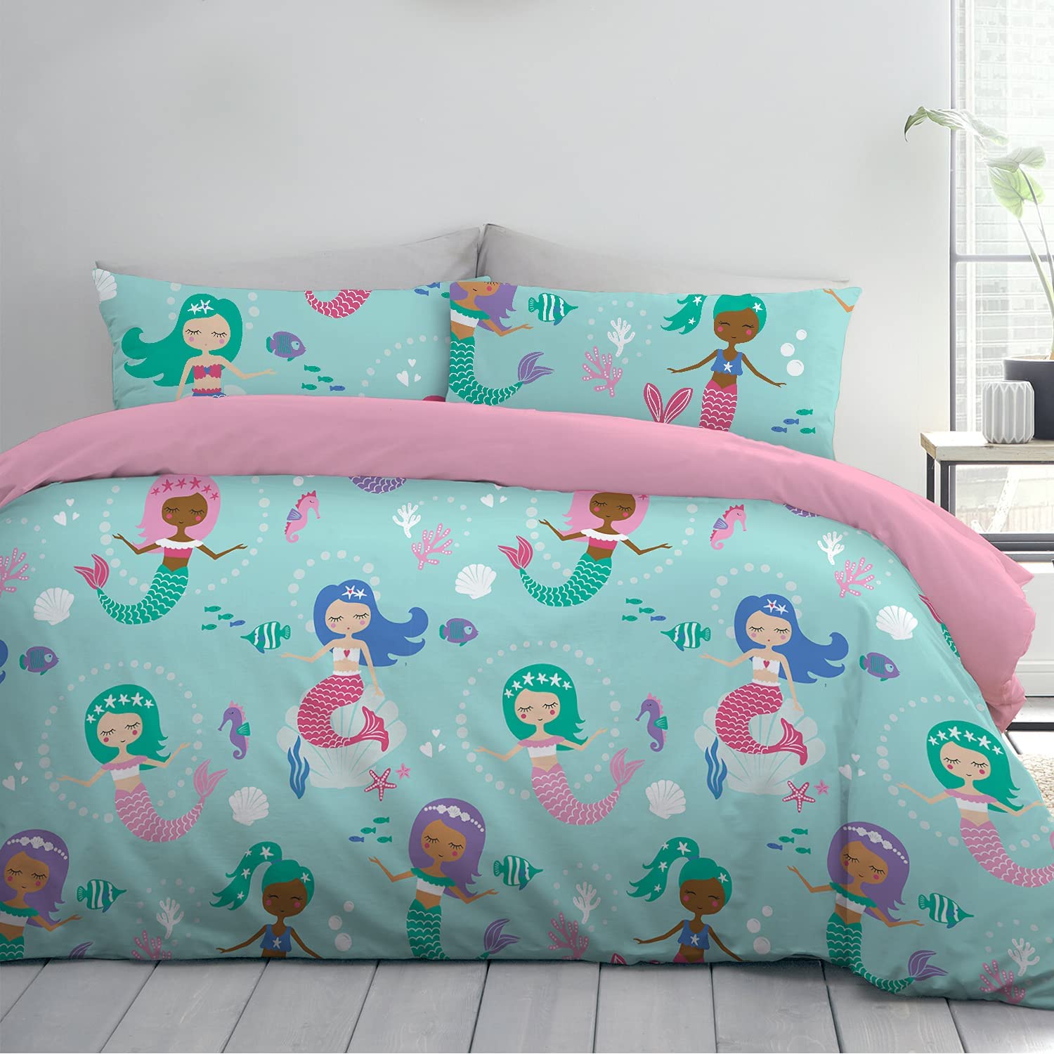 Price:$27.99  Linen Co. Kids Duvet Cover Set, 100% Cotton Bedding Set 2 Piece for Boys and Girls, Ultra Soft and Breathable Duvet Cover with Cute Cartoon Printed (Mermaid World, Twin) : Home & Kitchen