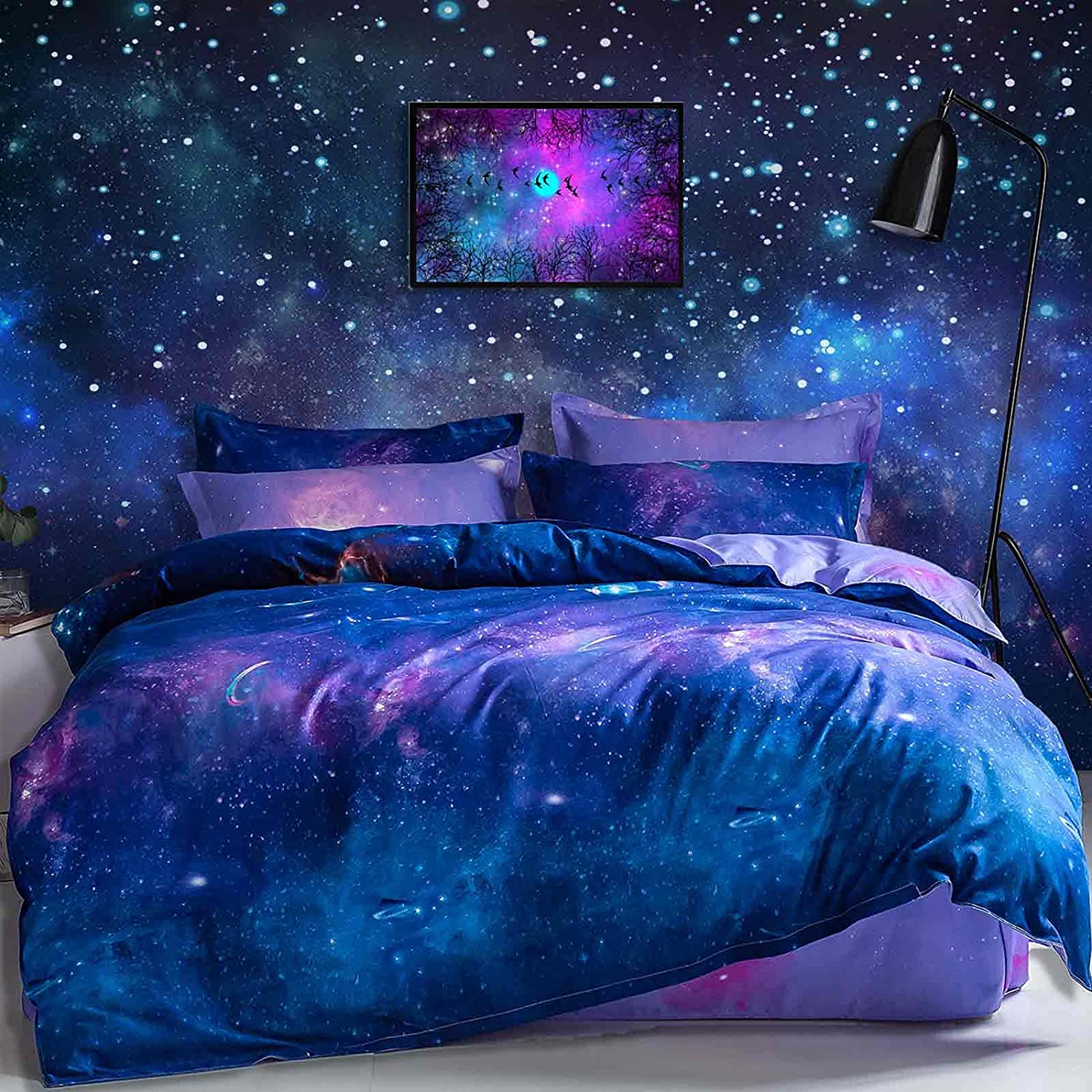 Price:$32.99  Duvet Cover Queen Size - 3 Piece Modern Universe Star Printed Reversible Microfiber Comforter Cover Set - Soft and Lightweight Quilt Cover, Navy Blue and Purple : Home & Kitchen