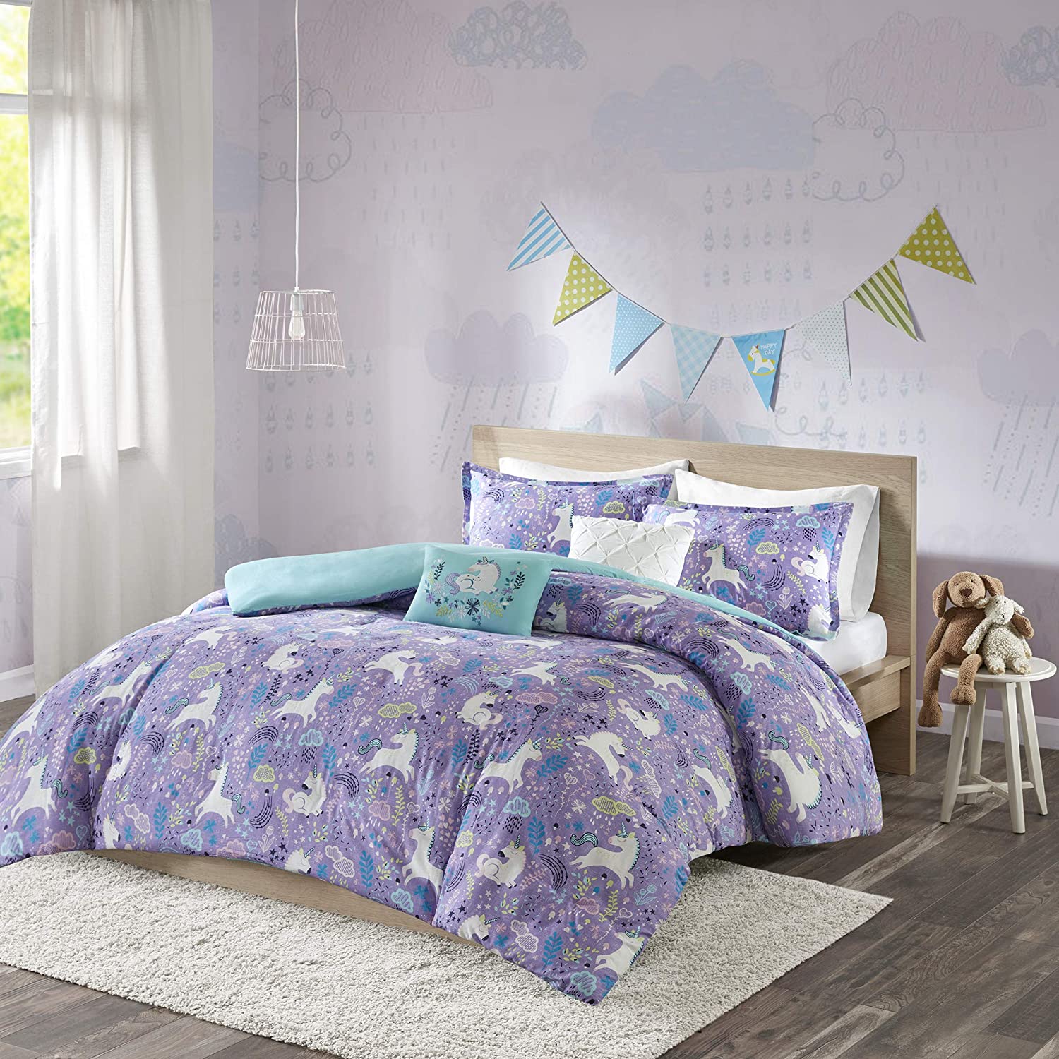 Price:$31.99  Habitat Kids Duvet Set Vibrant Fun and Playful Unicorn Print All Season Comforter Cover Matching Shams, Decorative Pillow, Children Bedding, Girls Bedroom Décor, Twin/Twin XL, Purple 4 Piece : Home & Kitchen