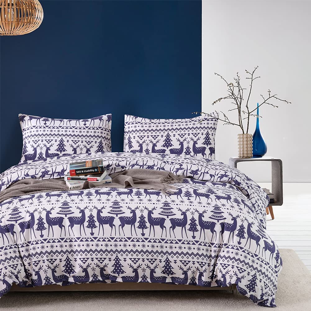 Price:$38.99  Christmas Duvet Cover Queen Size Blue Deer Snowflake Tree Print Xmas Theme Bedding Set Soft Microfiber Winter Comforter Cover with Zipper Closure New Year Holiday Decorative Gifts for Women : Home & Kitchen