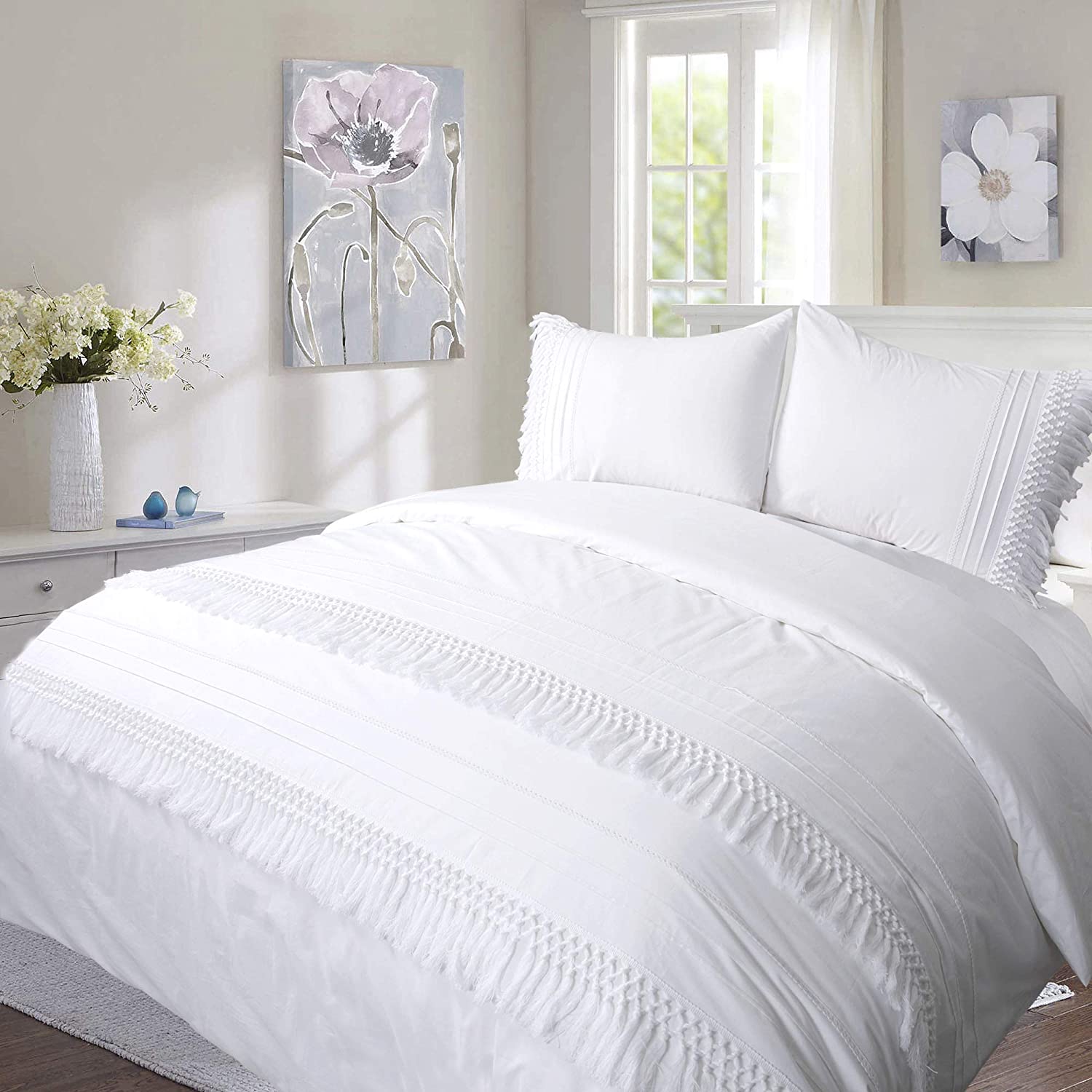 Price:$69.99  Tassel Duvet Cover Set Fringe Boho King Textured Macrame Crochet 104x90 Fringe Elegant Crisp Quilt Cover 3PC Cotton 100% Bedding Set Country Pretty Cottage Trim Woven Zipper : Home & Kitchen