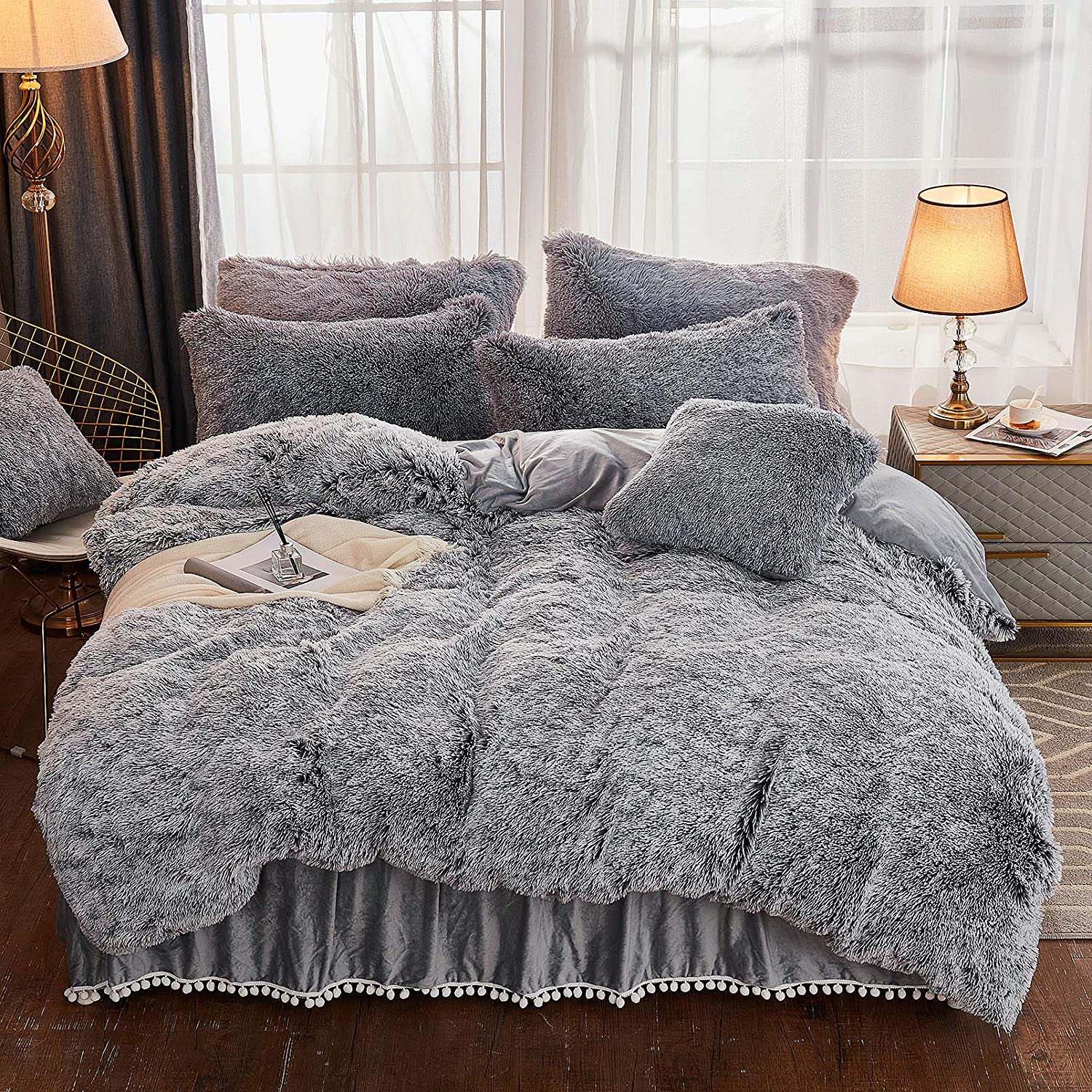 Price:$89.99  3 Pieces Shaggy Duvet Cover Set Luxury Velvet Back Print Color Variation Soft Faux Fur Bedding Set (King Gray Ombre) : Home & Kitchen