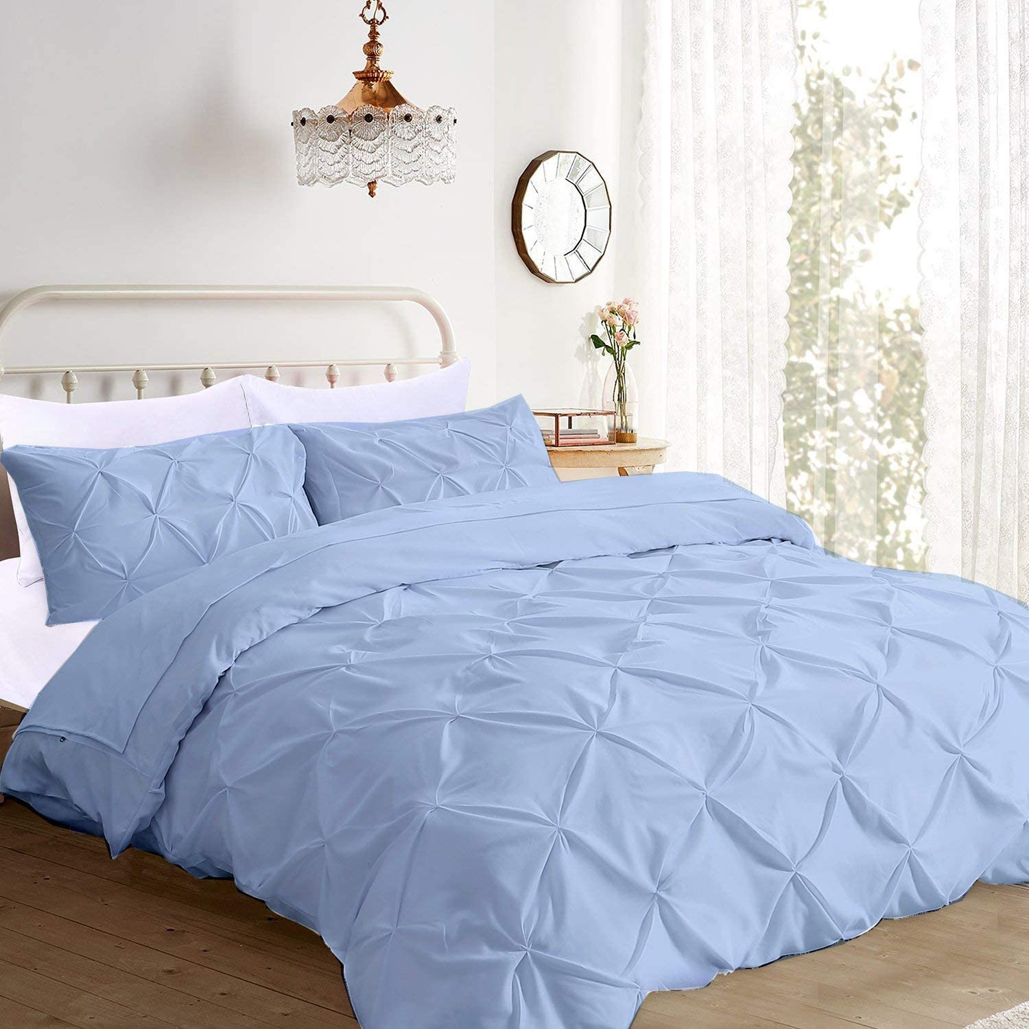Price:$81.99  Reliable Luxurious 3Pcs Pinch Pleated Duvet Cover Set Zipper Closer with Corner Ties King/Cal-King (94" x104") Size, 100% Egyptian Cotton 800TC Stain Resistant Light Blue Solid : Home & Kitchen
