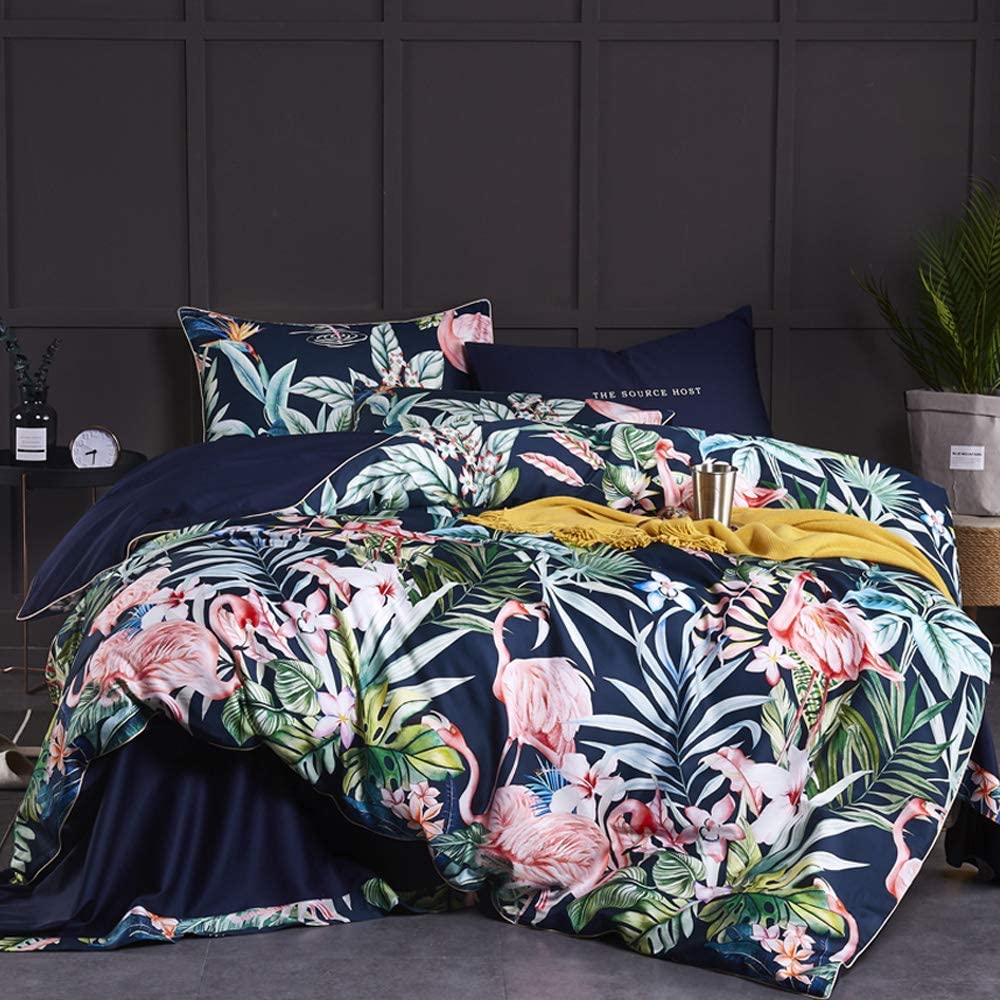 Price:$85.00  Duvet Cover King Luxurious Flamingos Bedding Set Navy and Green Floral Home Bedroom Set Leaves Decoration Solid Color Reversible Sateen Bed Duvet Cover Set for Men and Women : Home & Kitchen