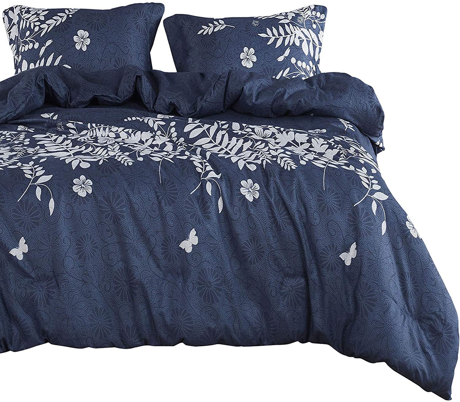 Price:$39.99  In Cloud - Navy Blue Duvet Cover Set, Gray Grey Floral Flowers Tree Leaves Pattern Printed, Soft Microfiber Bedding with Zipper Closure (3pcs, King Size) : Home & Kitchen