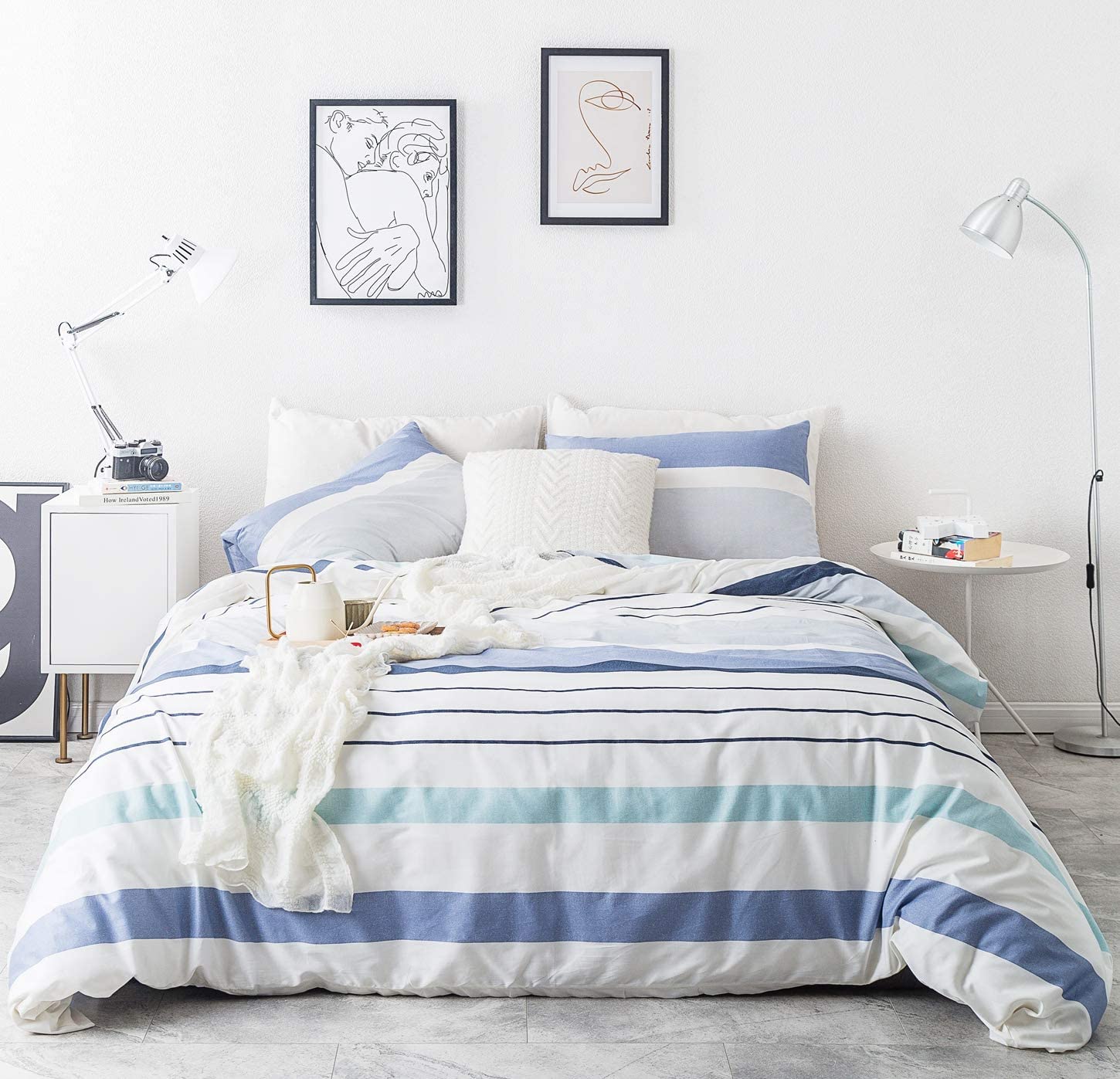 Price:$55.99  3 Piece Duvet Cover Set 100% Natural Cotton King Size Blue Horizontal Stripe Bedding Set with Zipper Ties 1 White Watercolor Striped Duvet Cover 2 Pillowcases Luxury Quality Soft Breathable : Home & Kitchen