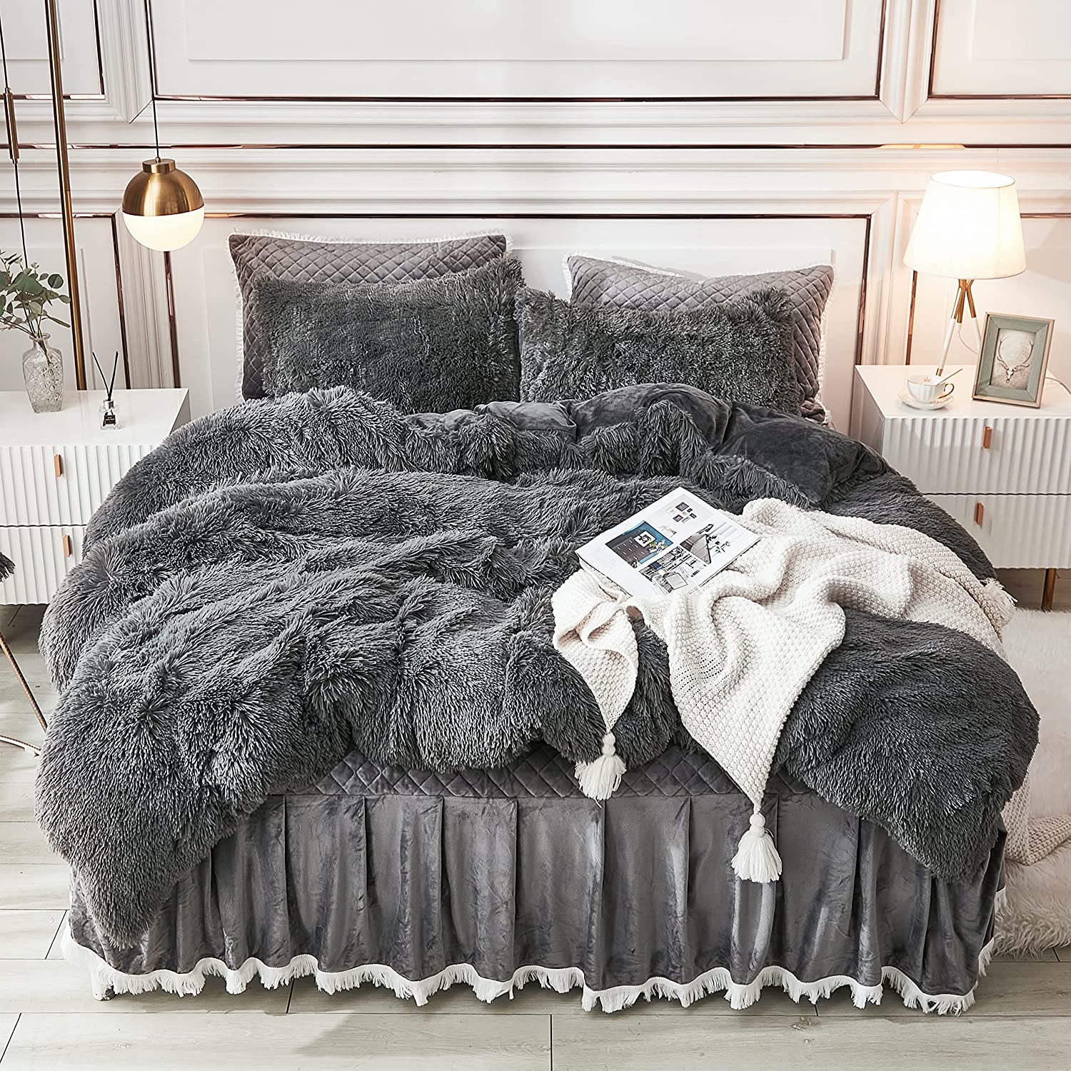 Price:$49.99  Plush Shaggy Duvet Cover,Dark Gray Fluffy Comforter Set Queen Size Faux Fur Fuzzy Bedding with Zipper Closure, Luxury Ultra Soft 3 Pieces (1 Duvet Cover,2 Pillowcases) : Home & Kitchen