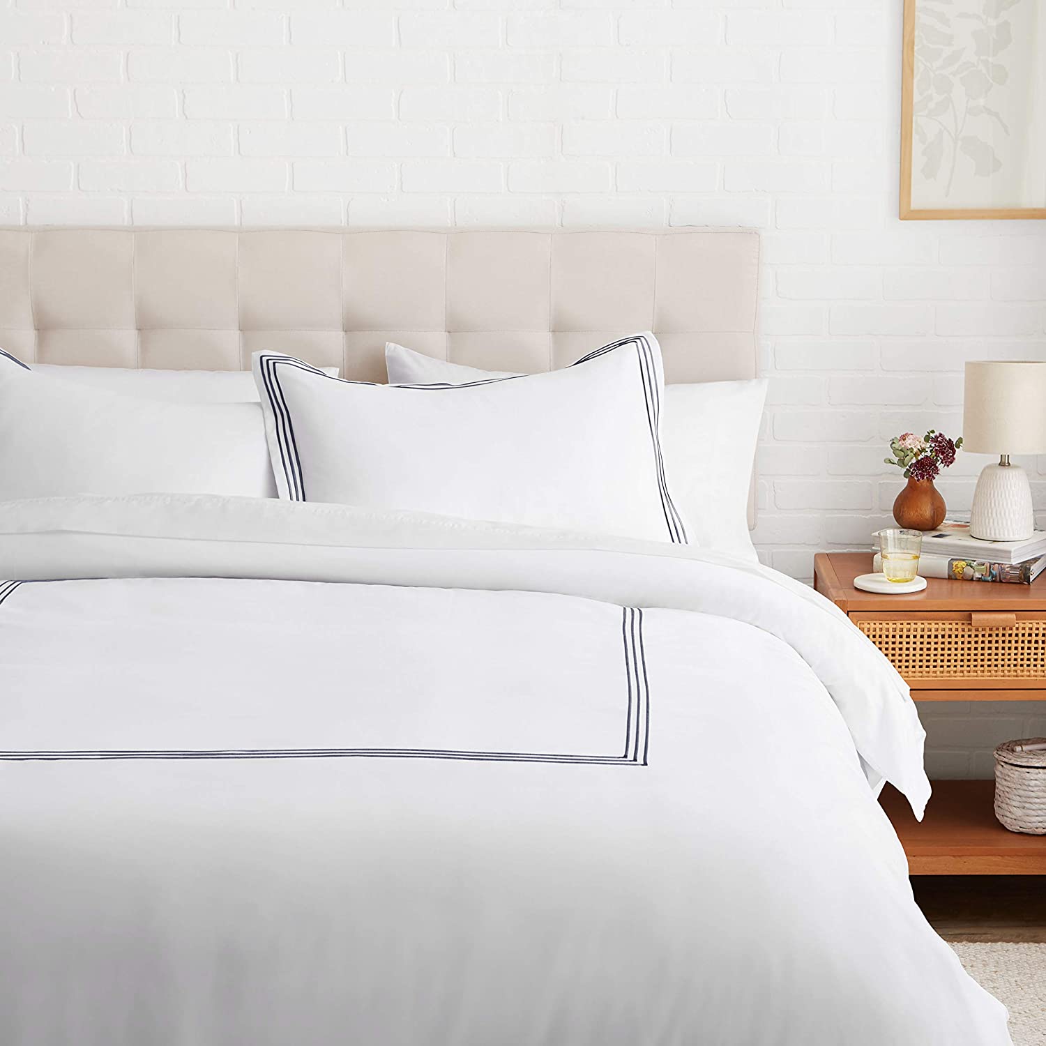 Price:$28.95  Basics Embroidered Hotel Stitch Duvet Cover Set - Soft, Easy-Wash Microfiber - King, White with Navy Blue Embroidery