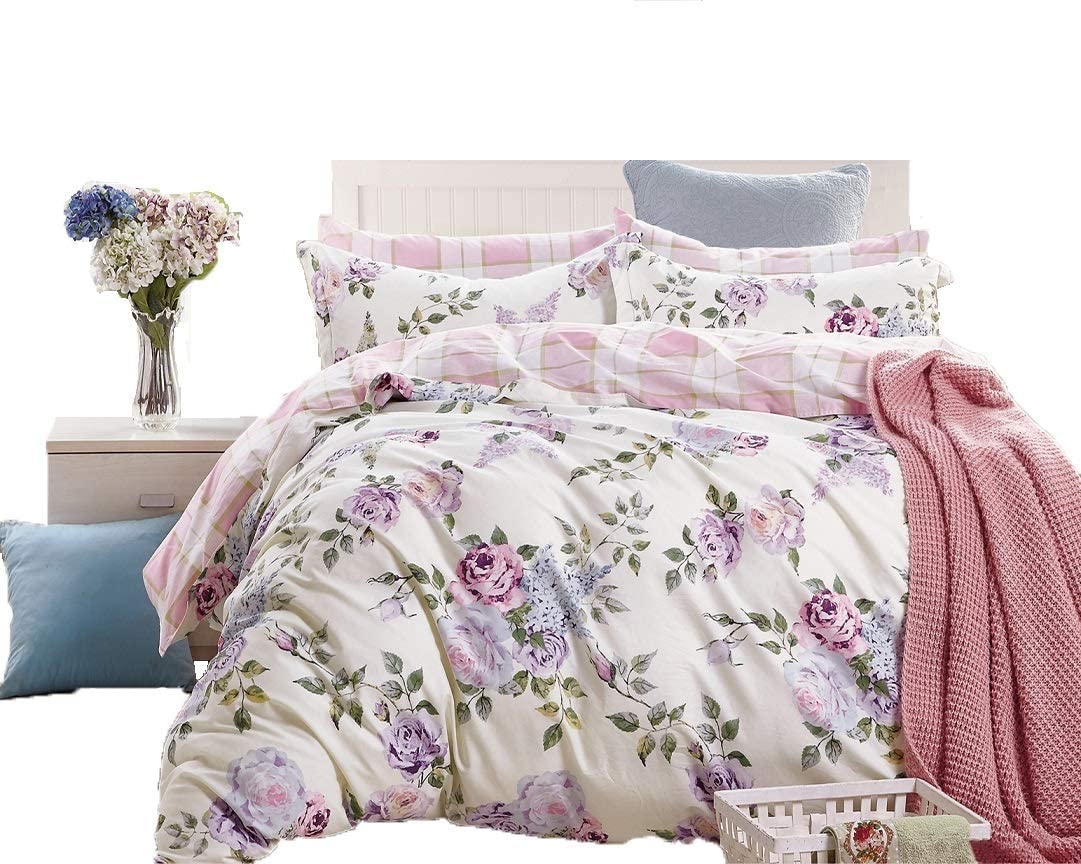 Price:$52.99  Beddings Pink-Purple Roses 3-Piece 100% Cotton Bedding Set: Duvet Cover and Two Pillow Shams (Queen) : Home & Kitchen