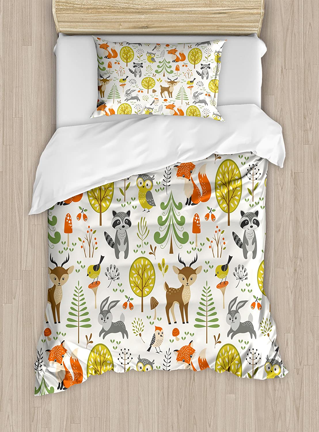 Price:$59.95  Animals Duvet Cover Set, Woodland Forest Animals Trees Birds Owls Fox Bunny Deer Raccoon Mushroom Print, Decorative 2 Piece Bedding Set with 1 Pillow Sham, Twin Size, Orange Brown : Home & Kitchen