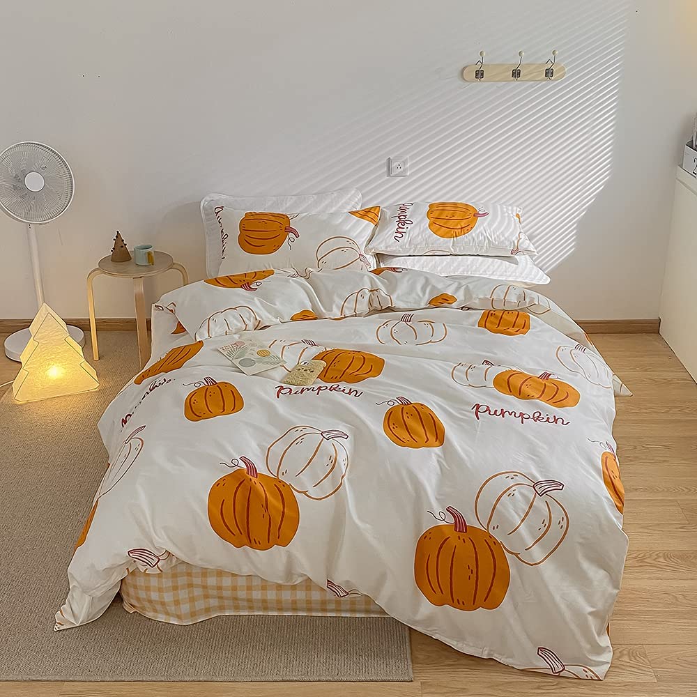 Price:$58.00  Print Cotton Duvet Cover Set Queen Kids Girl Lovely Cartoon Bedding Set for Boy Teen Autumn Fall  Pattern Comforter Cover Orange White Cartoon Child Bedroom Set Full Queen : Home & Kitchen