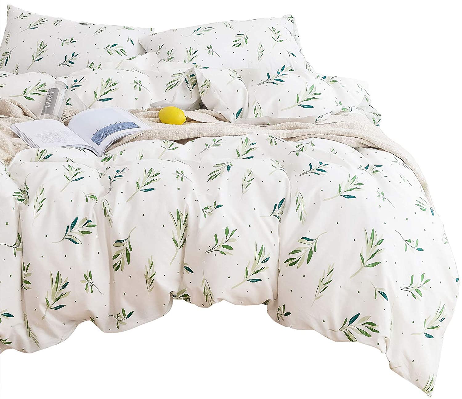 Price:$44.99  In Cloud - Tree Leaves Duvet Cover Set, 100% Cotton Bedding, Green Botanical Plant Leaves and Dots Modern Pattern Printed on White, with Zipper Closure (3pcs, Twin Size) : Home & Kitchen