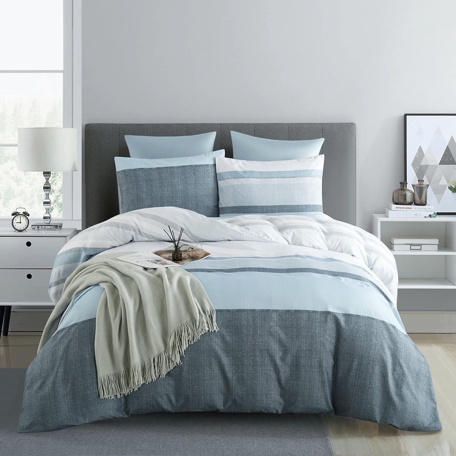 Price:$34.99  Plaid Striped Queen Duvet Cover Blue Comforter Cover Bedding Set : Home & Kitchen