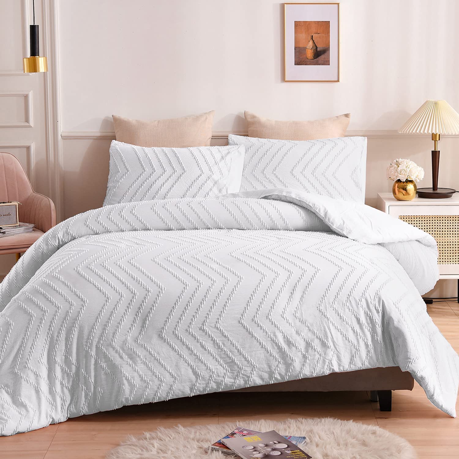 Price:$37.99  White Duvet Cover Queen Size, 3-Piece White Textured Comforter Cover Queen Size, Washed Microfiber Boho Bedding Queen Duvet Cover(Queen, White) : Home & Kitchen