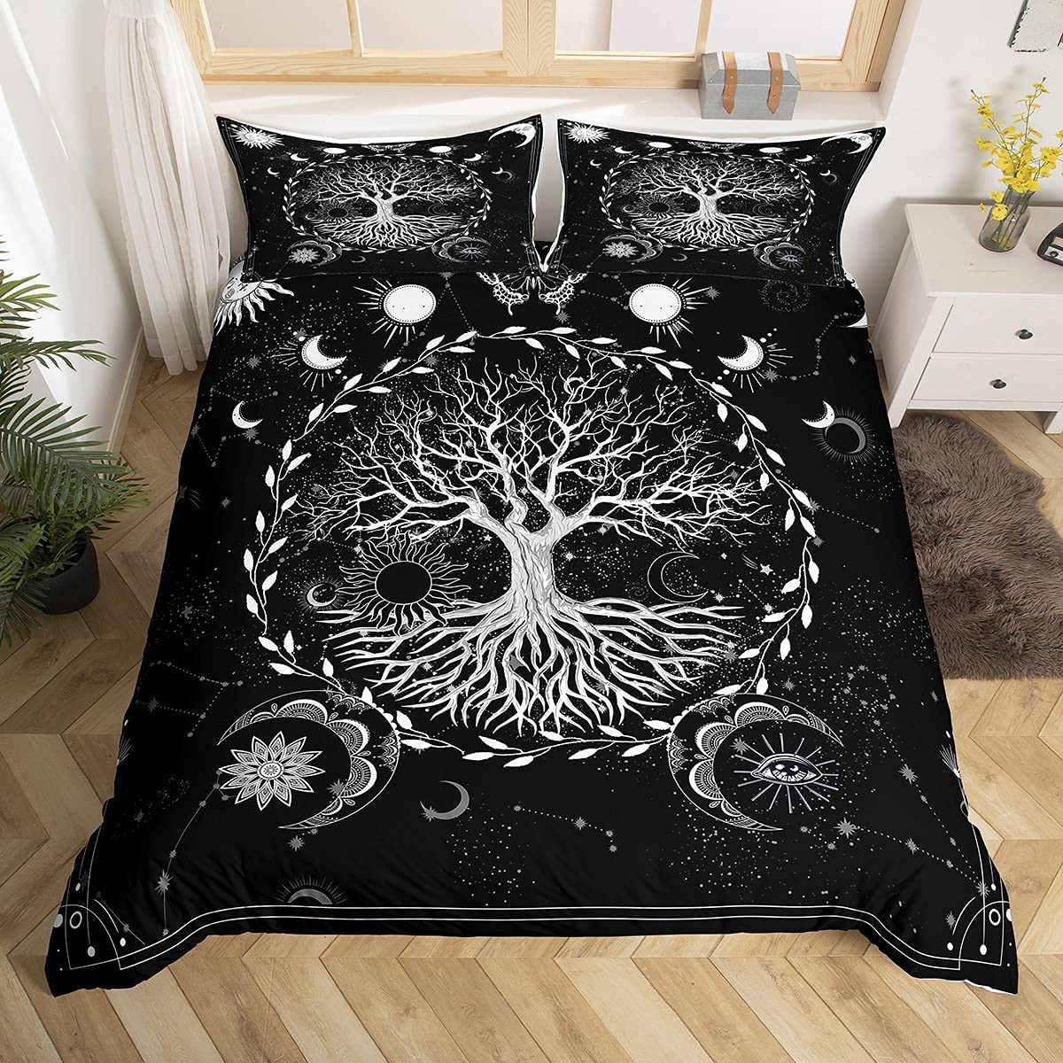 Price:$45.00  Tree of Life Duvet Cover Set Queen Size Sun and Moon Print Bedding Set 3pcs for Kids Boys Teens Bedroom Decor, Black and White Comforter Cover Butterfly Moth Bedspread Cover with 2 Pillowcases : Home & Kitchen