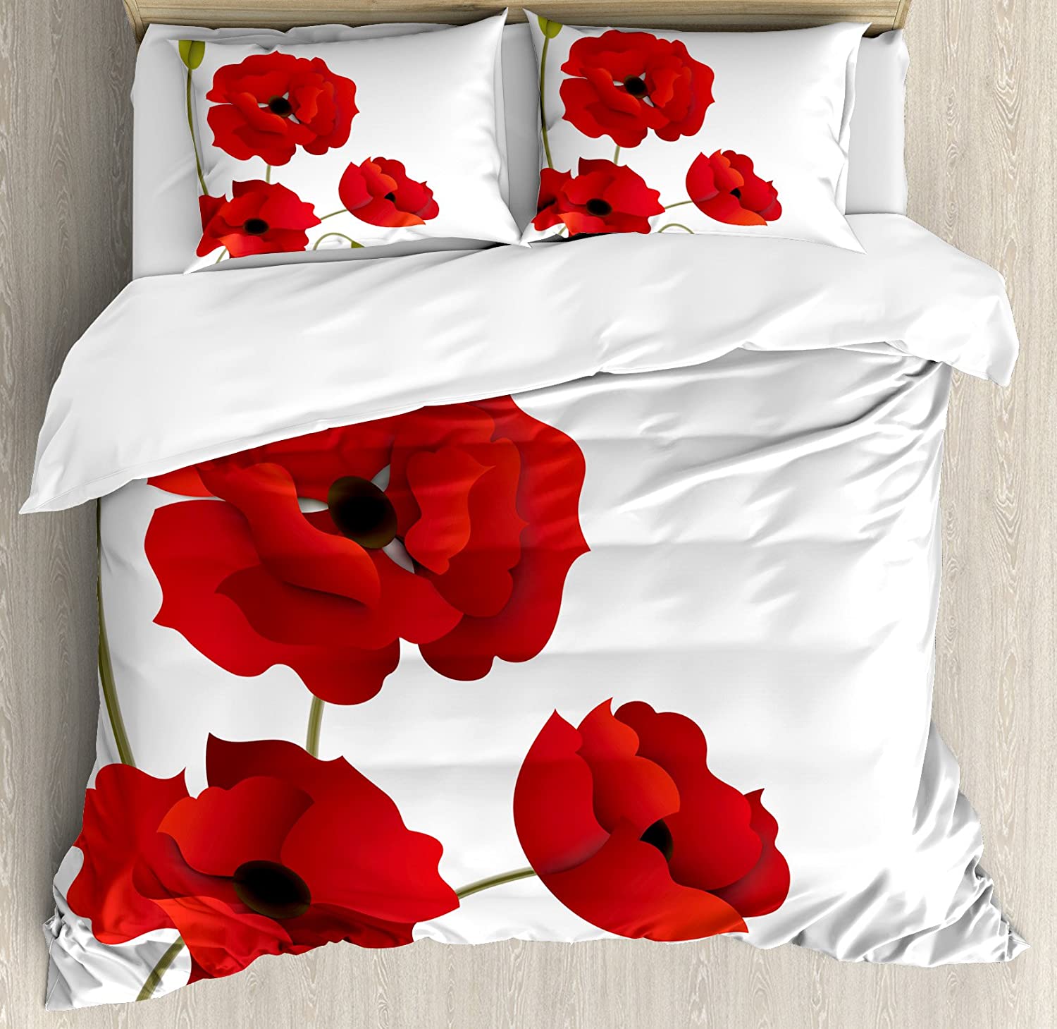 Price:$89.95  Floral Duvet Cover Set King Size, Poppy Flowers Vivid Petals with Buds Pastoral Purity Mother Earth Nature Design, Decorative 3 Piece Bedding Set with 2 Pillow Shams, Red Green : Home & Kitchen