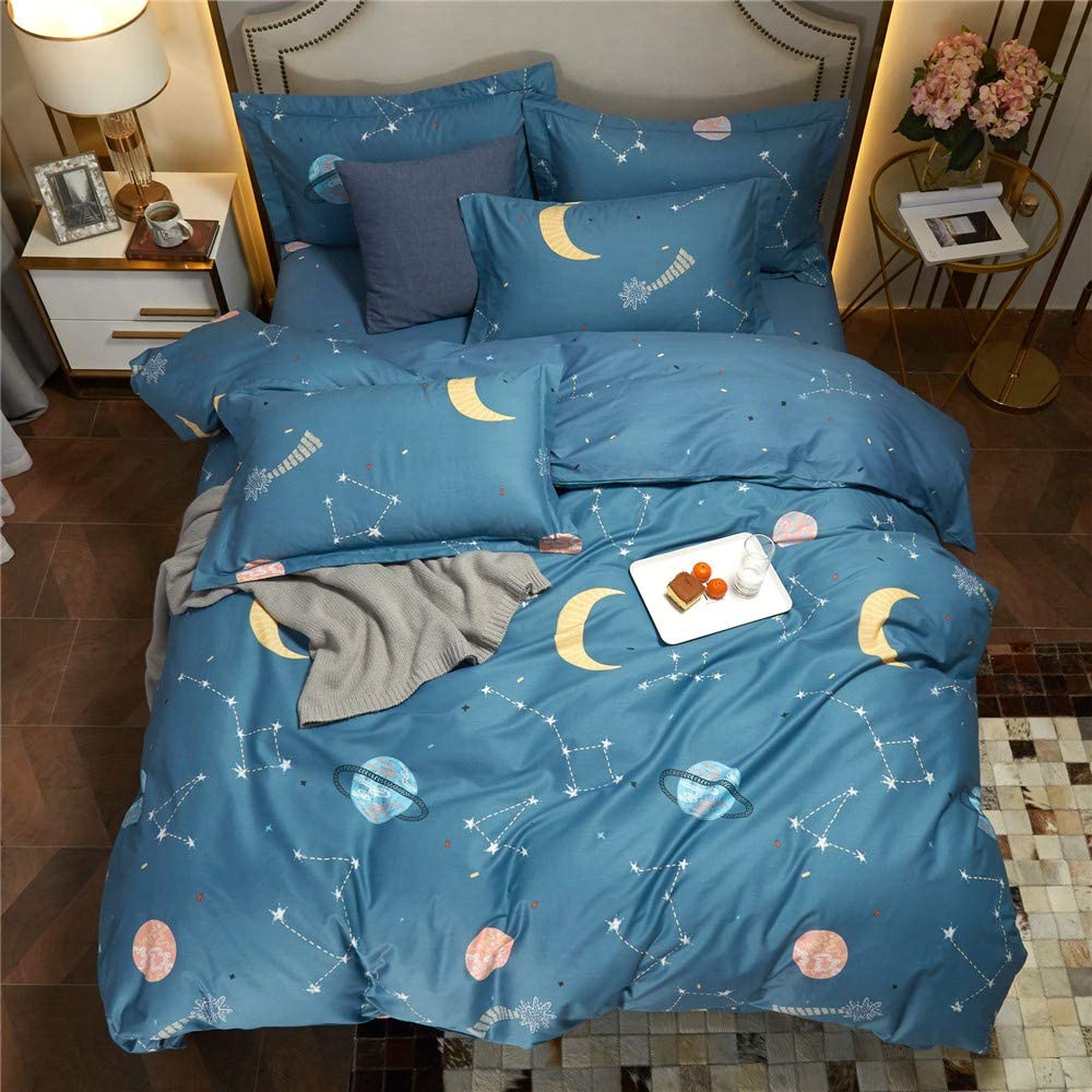 Price:$68.99  Teal Blue Space Duvet Cover Set with Moon,Stars,Planet Pattern 100% Cotton Full/Queen 3pcs,for Kids,Teen,Boys,Girls Bedding Quilt Cover Zippered Bedding Cute Comforter Cover Soft,Queen Size : Everything Else