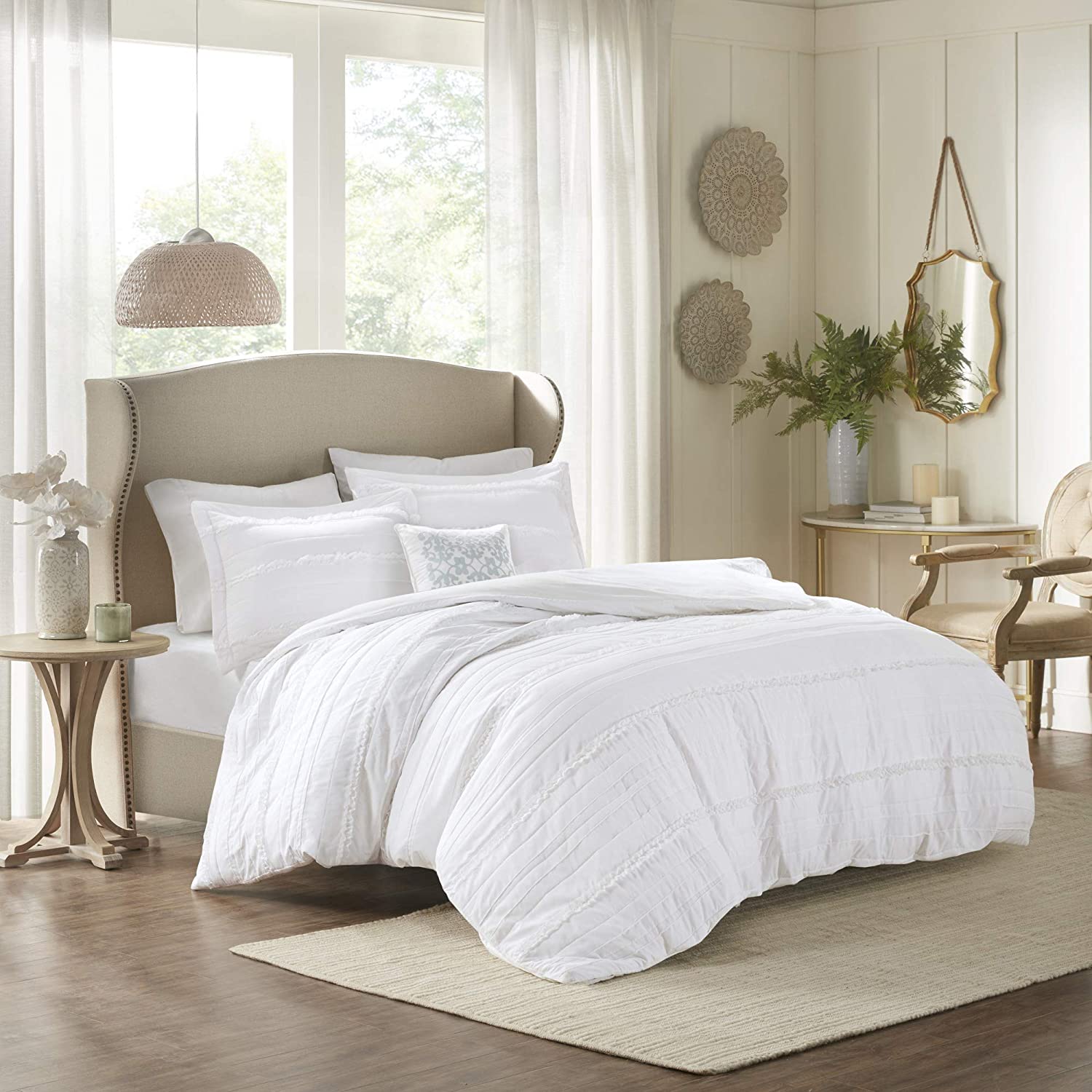 Price:$49.99  Park Celeste Duvet Cover King/Cal King Size - White , Ruffle Stripes Duvet Cover Set – 4 Piece – Ultra Soft Microfiber Light Weight Bed Comforter Covers : Home & Kitchen