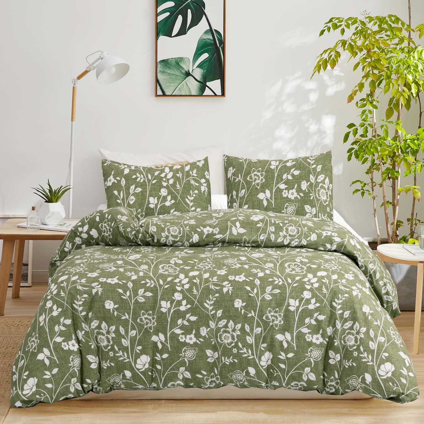 Price:$53.99  100% Cotton Floral Duvet Cover King Sage Green Botanical Duvet Cover Garden Flower Leaves Branch King Duvet Cover Soft Breathable Comforter Cover Bedding Set Zipper Closure Corner Ties 3 Pcs : Home & Kitchen