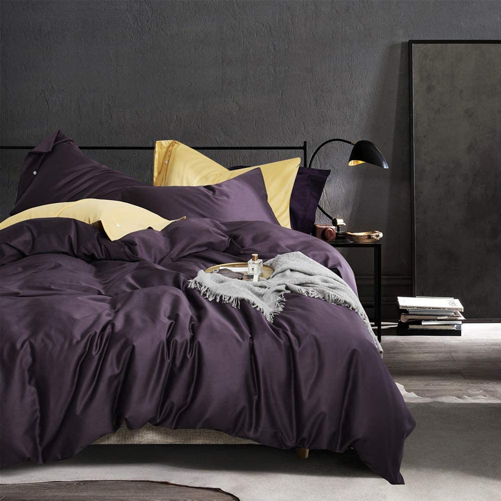 Price:$88.00  Modern Style Dark Purple Duvet Cover King Soft 100% Long Staple Cotton Reversible Purple Bedding with 2 Button Pillowcases Luxury Solid Color Dark Purple Comforter Set with Zipper Closure : Home & Kitchen