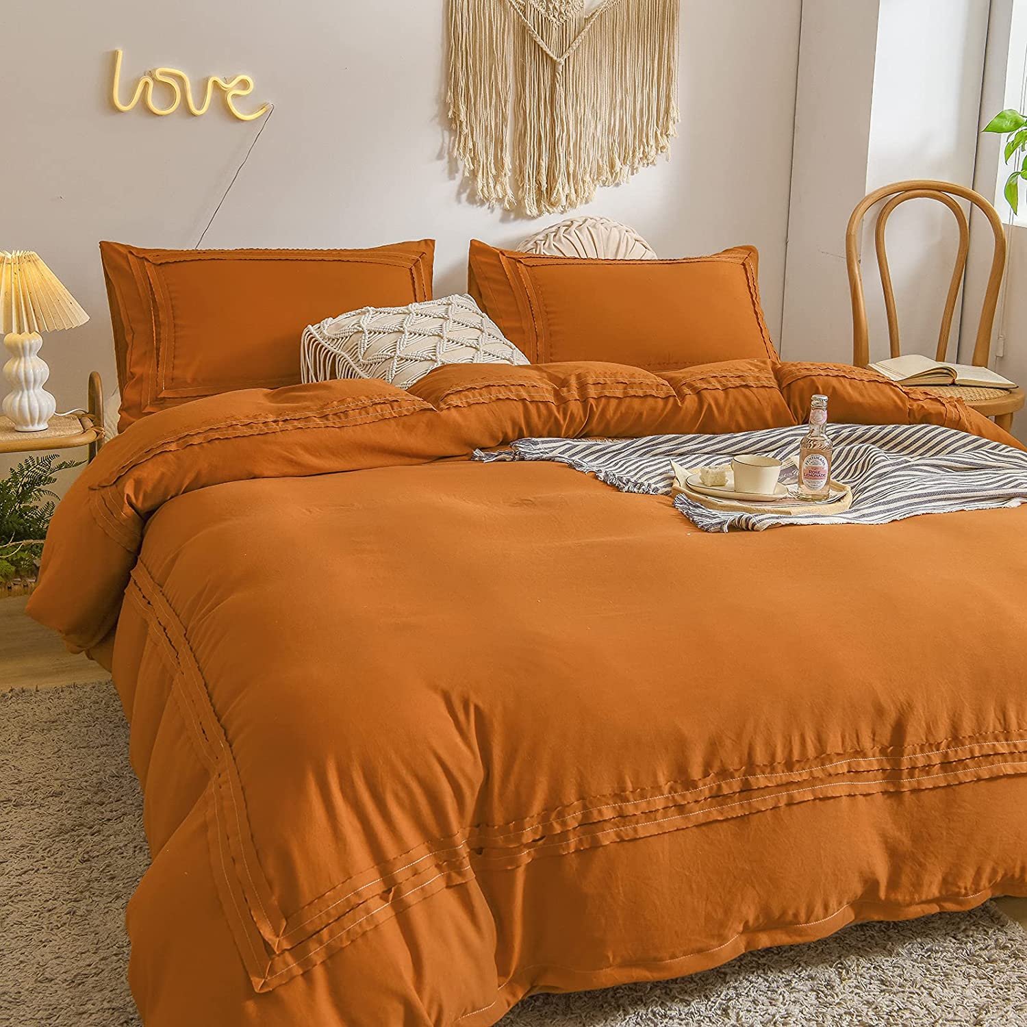 Price:$39.99  Orange Bedding Set Rust Duvet Cover Set Solid Color Decorative Ribbon Border Design Terracotta Bedding King 1 Frill Duvet Cover 2 Pillowcases (King, Rust) : Home & Kitchen