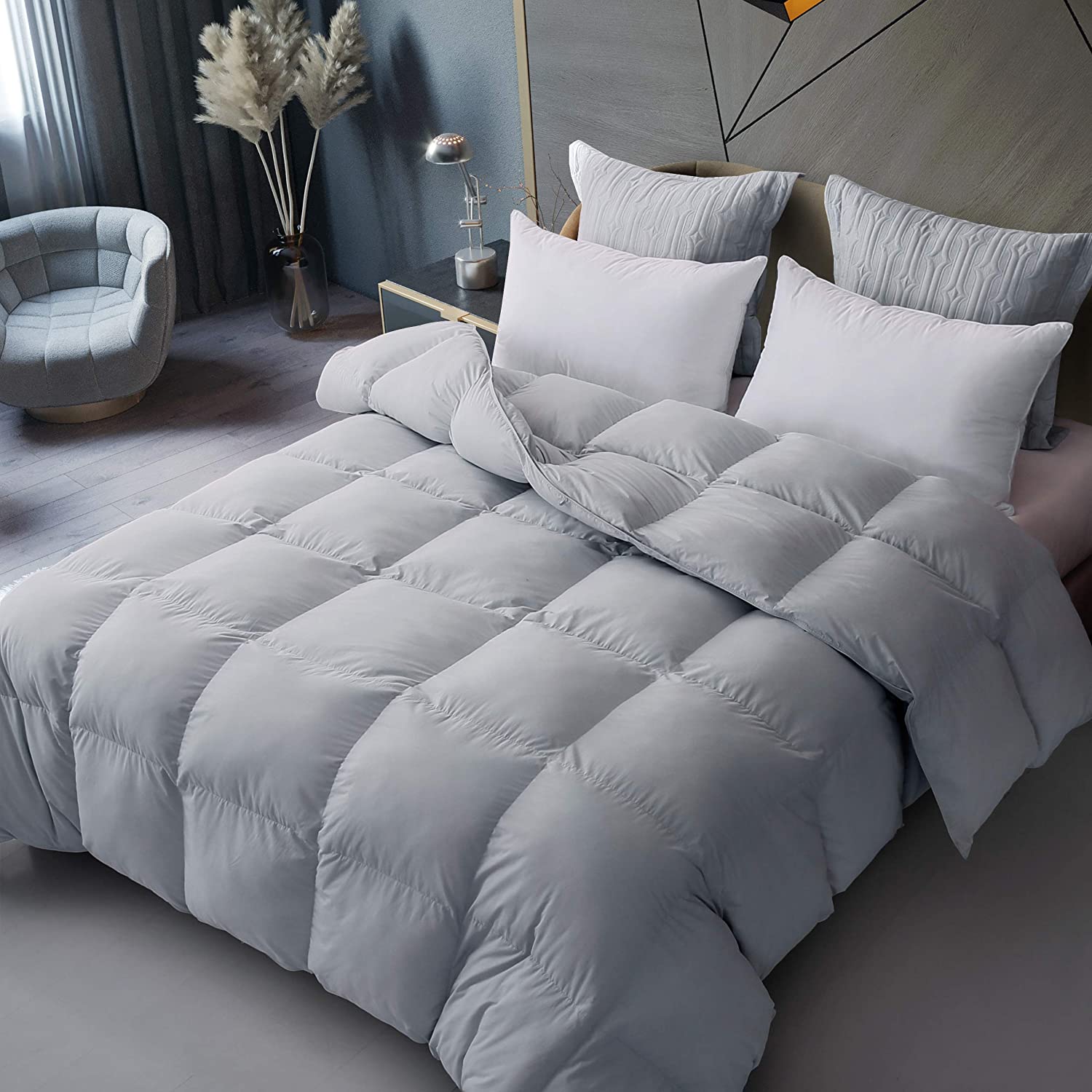 Price:$104.49  Luxurious All Season Goose Down Comforter King Size Duvet Insert,1200TC Ultra-Soft 100% Egyptian Cotton,Box Stitched&8 Duvet Loops,Lightweight 750+ Fill Power Grey,106x90inches : Home & Kitchen