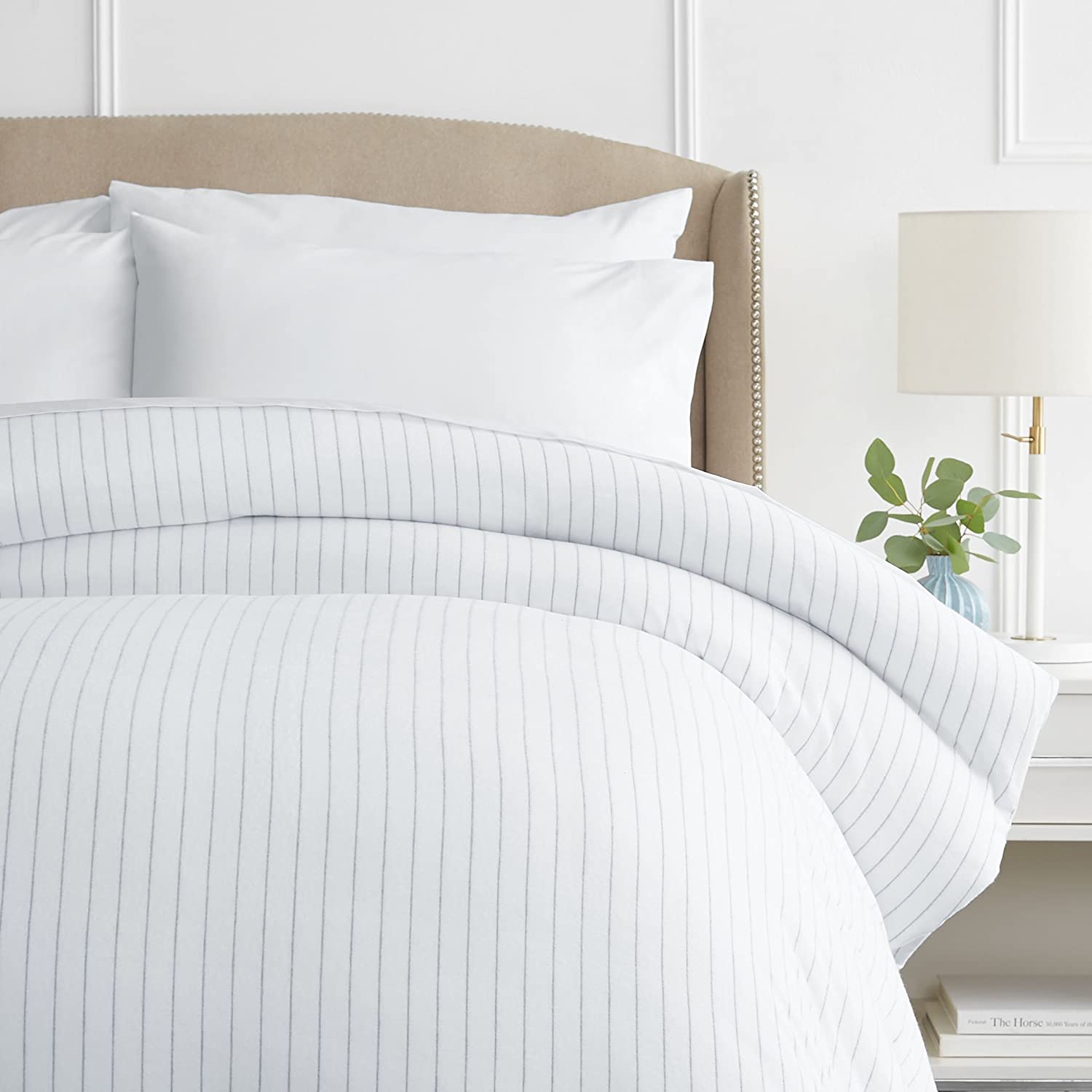 Price:$65.99  Brand – Pinzon 160-Gram Pinstripe Flannel Cotton Duvet Cover, King, White Pinstripe : Home & Kitchen