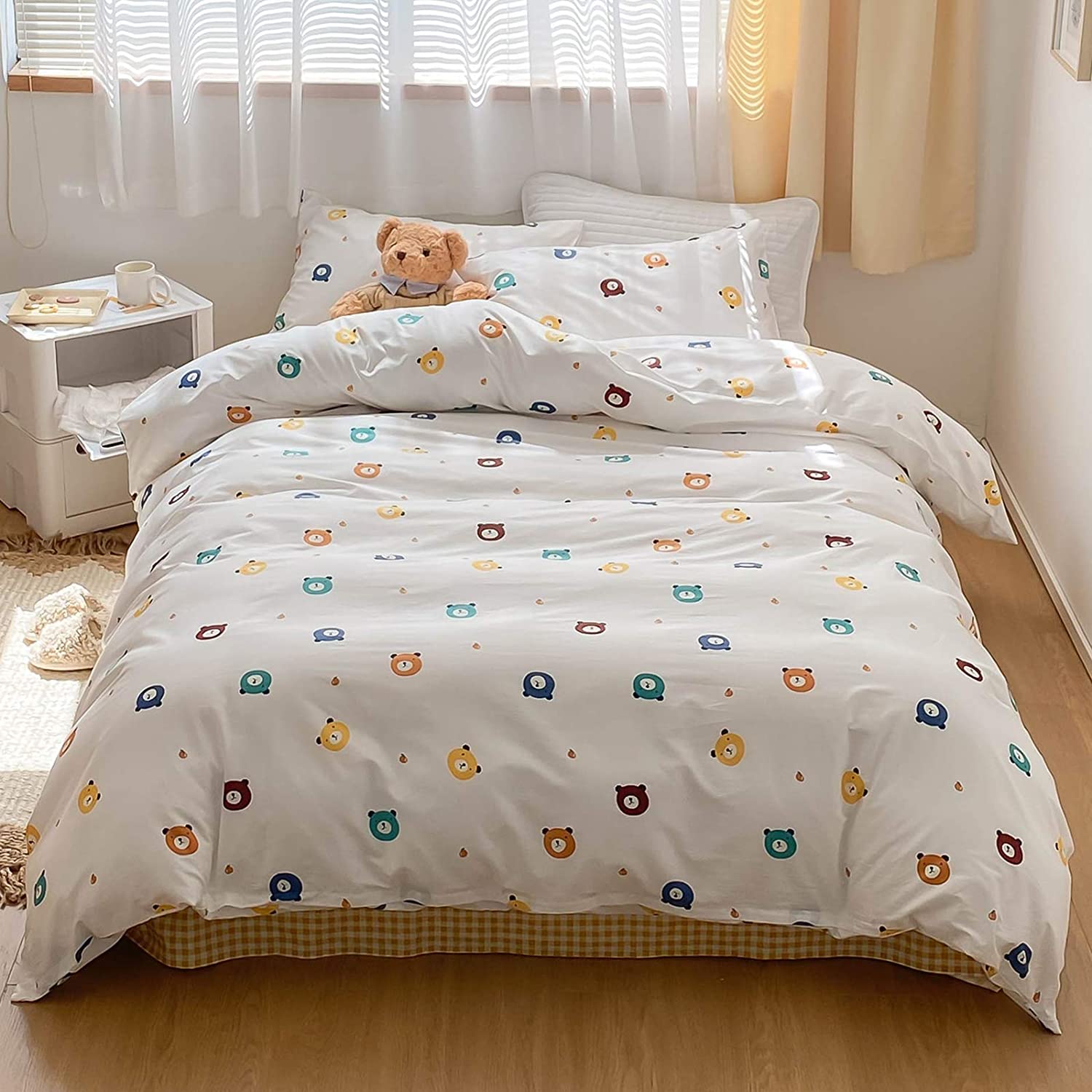 Price:$29.99  Bears Duvet Cover Set Queen 100% Cotton Bedding for Kids Girls Teens Woman Colorful Yellow Blue Green Bear on White 1 Cartoon Comforter Cover Full Zipper 2 Pillowcases Queen : Home & Kitchen