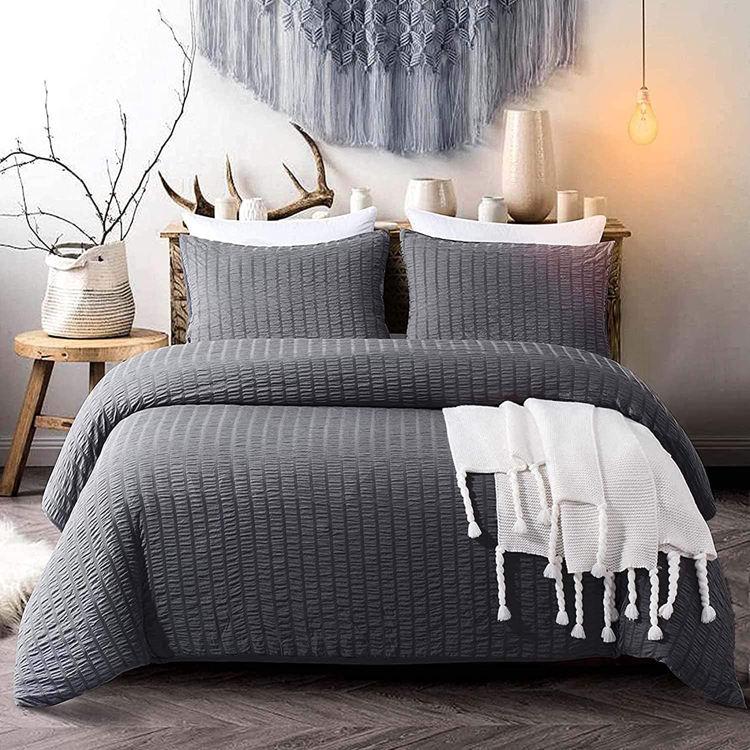 Price:$35.99  Seersucker Duvet Cover Set 3 Pieces Nature Textured Style Soft Lightweight Water-Washed Microfiber Bedding Set with Zipper and Corner Ties (Dark Grey, King) : Home & Kitchen