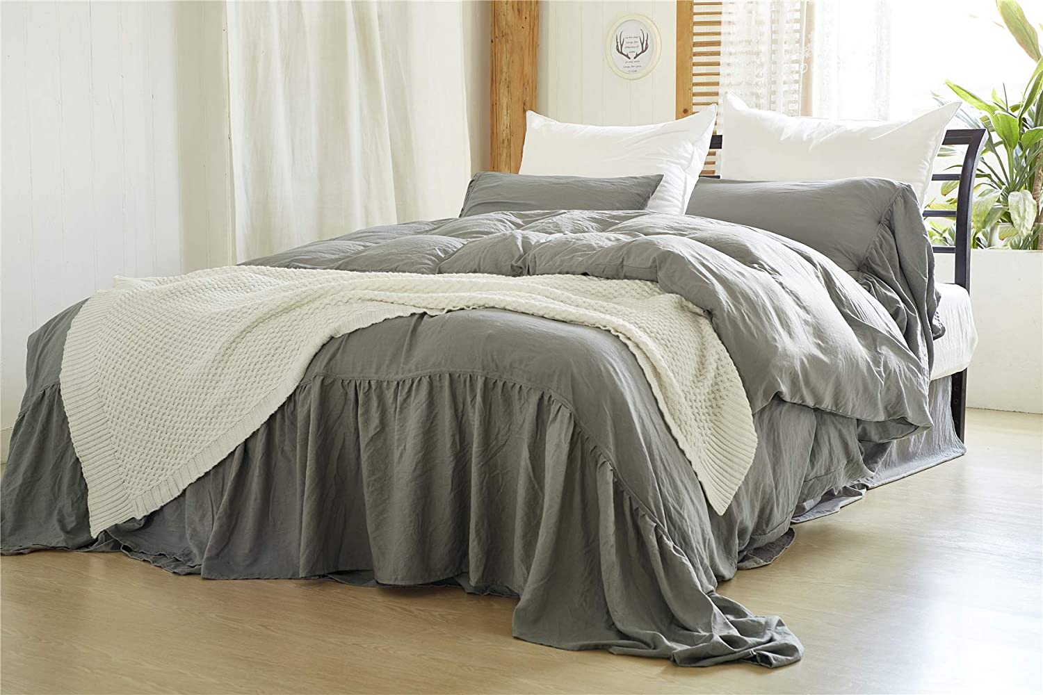 Price:$43.99  Vintage Farmhouse Bedding, 3 Pieces Ruffle Duvet Cover Set 100% Washed Microfiber Romantic Mermaid Tail French Country Style Duvet Cover with Ties (Grey, King) : Home & Kitchen