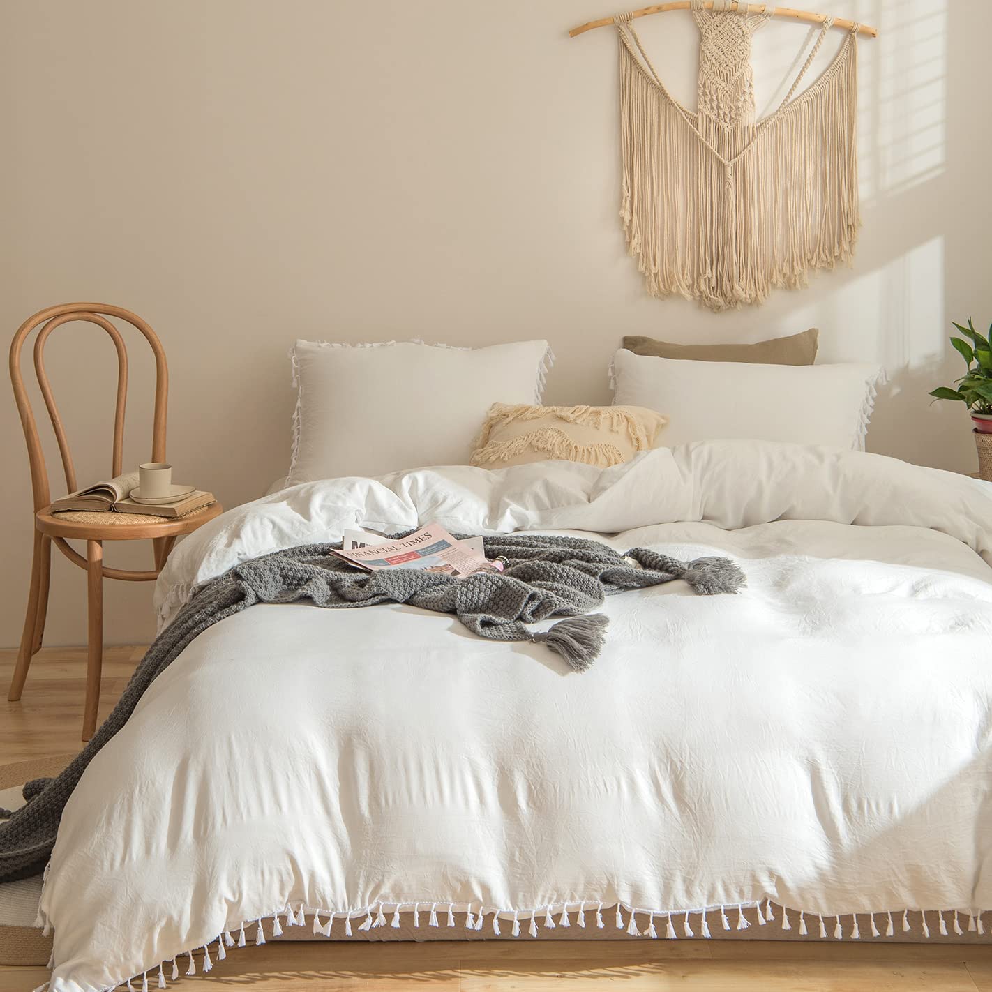 Price:$48.99  Tufted Tassel Bedding Ivory  Boho Aesthetic Duvet Cover Set Tassel Fringe Design Vintage Macrame Bedding Sets Queen 1 Duvet Cover 2 Pillowcases (Queen, ) : Home & Kitchen