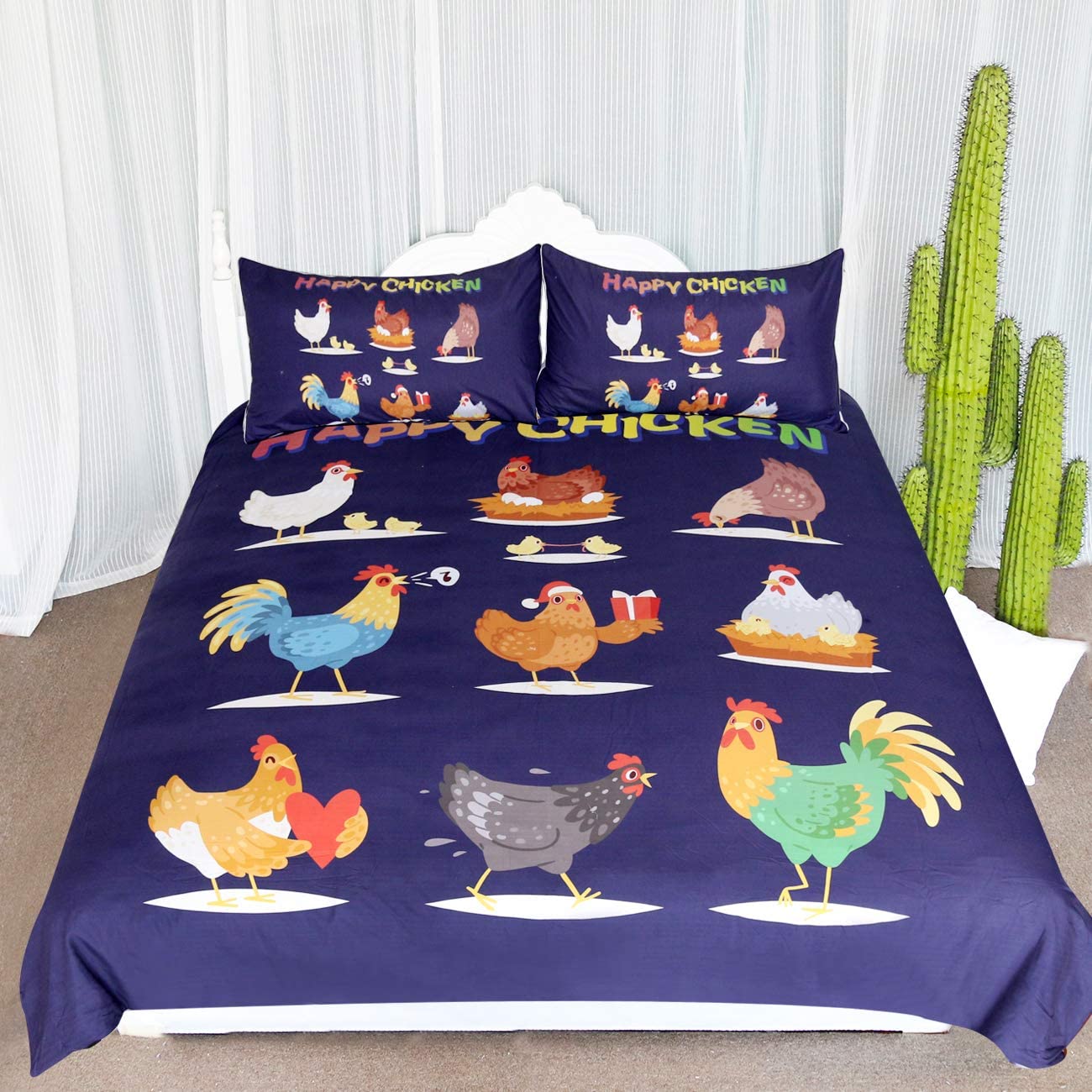 Price:$12.96  Funny Cartoon Chicken Pattern Bedding 3 Piece Brown Hen and White Rooster Duvet Cover Colorful Animals Bed Set (Full) : Home & Kitchen
