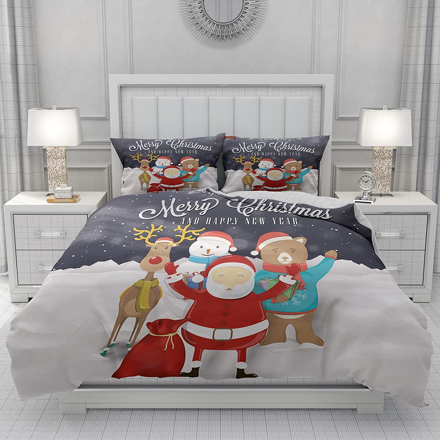 Price:$45.99  Duvet Cover, Bedding Set with Santa Claus Cute Snowman & Puppy, HD Printed Pattern Duvet Cover 3 Piece Set, Including 1 Xmas Duvet Cover and 2 Pillow Shams(Queen 90"x90") : Home & Kitchen
