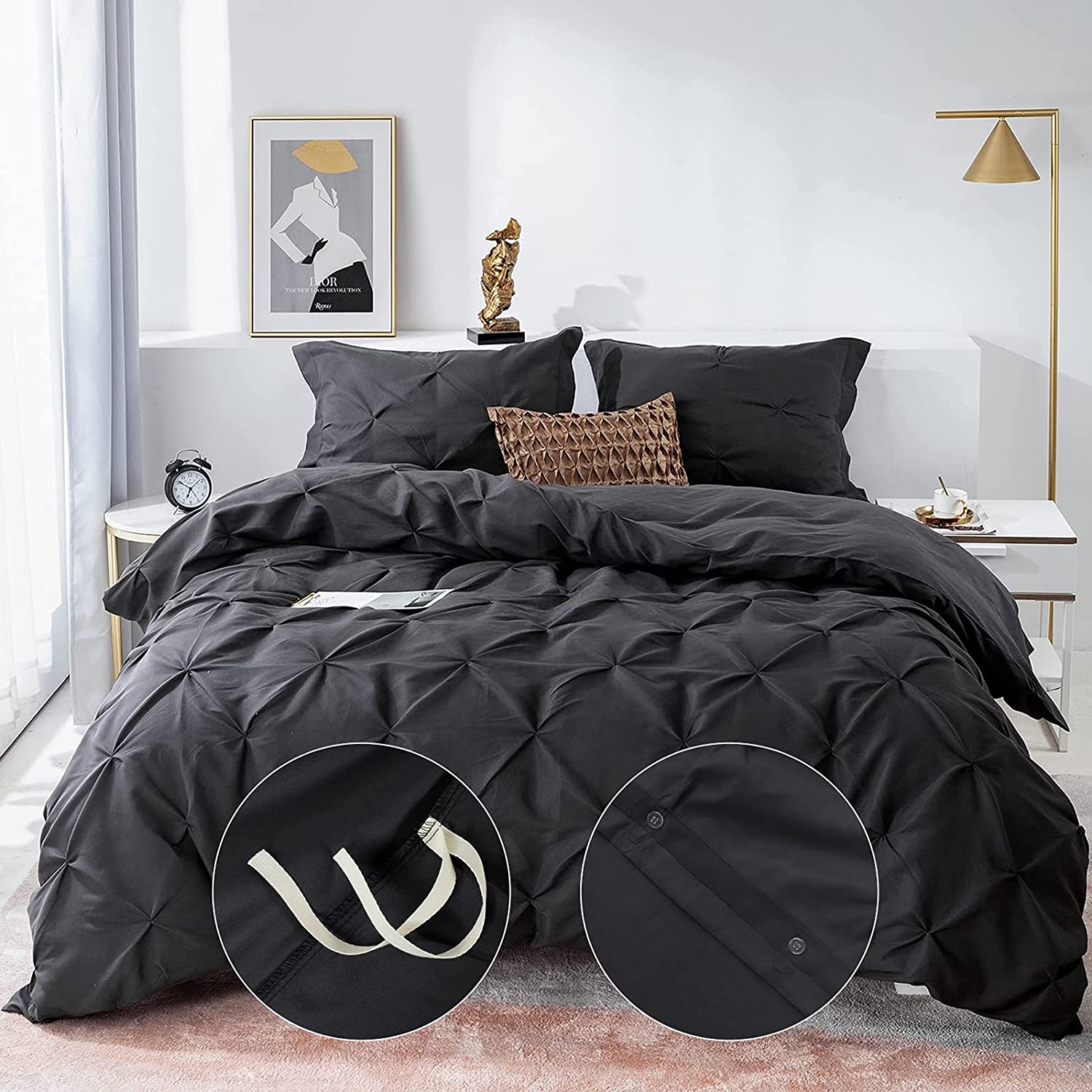 Price:$39.99  HOME & SPORTS Pinch Pleat Q Size Luxury Soft Duvet Cover Set Button Closure Style, 3 Pieces Brushed 120GSM Microfiber Pintuck Comforter Quilt Cover Bedding with 2 Pillow Shams (Queen, Dark Grey) : Home & Kitchen