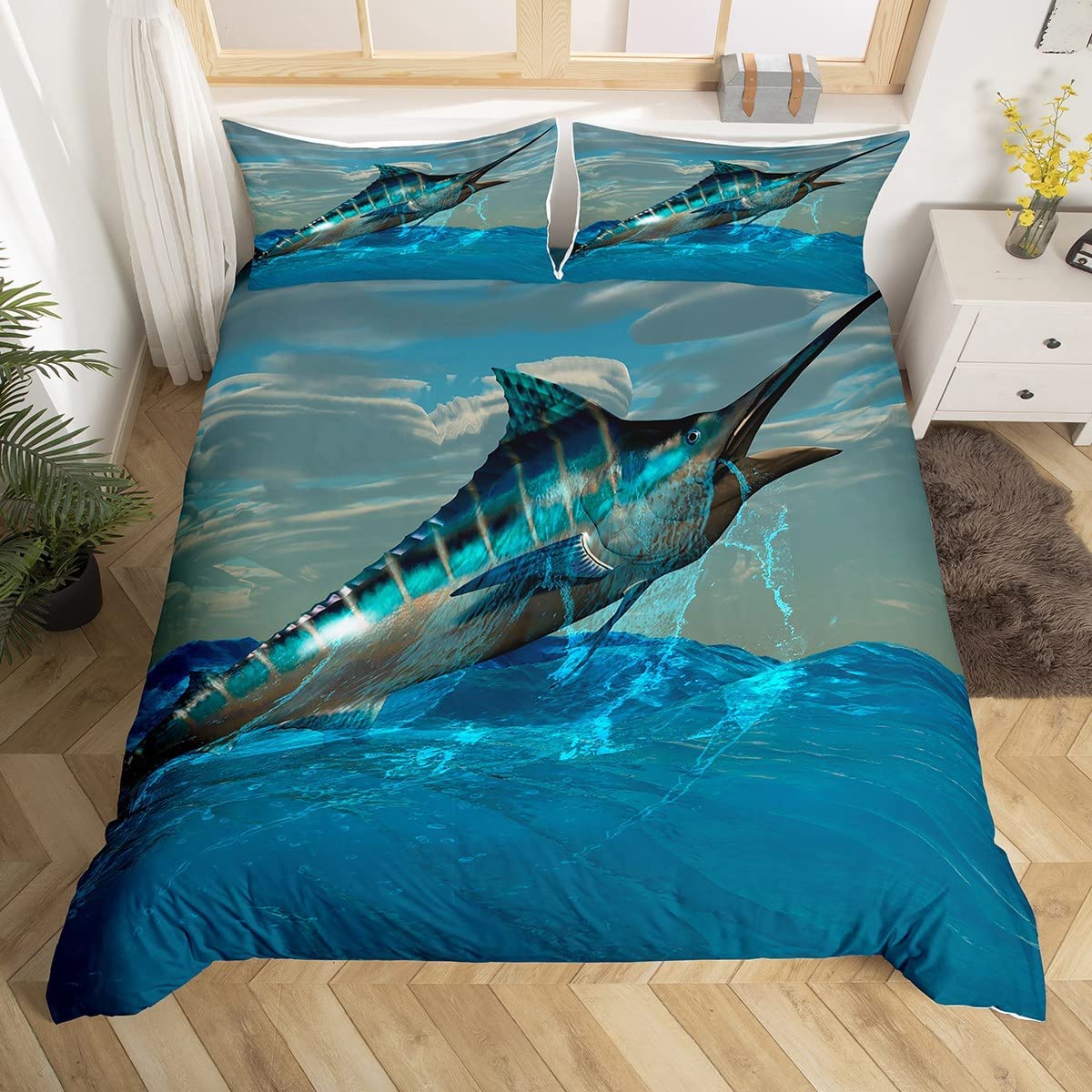 Price:$45.00  Ocean Comforter Cover Marlin Swordfish Duvet Cover Nautical Fishing Theme Bedding Set For Kids Teen Boys Coastal Underwater Animal Quilt Cover Soft Child Room Decor With 2 Pillow Cases Queen Size : Home & Kitchen