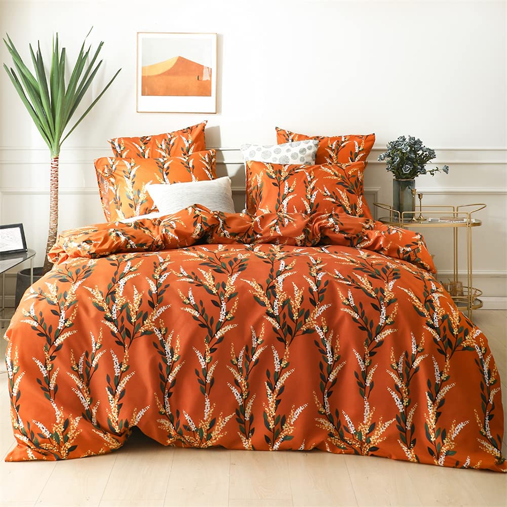Price:$34.99  Burnt Orange Floral Duvet Cover Queen Size Green White Rust Botanical Leaves Printed Reversible Bedding Set 3 Pieces Soft Microfiber Garden Farmhouse Comforter Covers with Zipper Ties : Home & Kitchen
