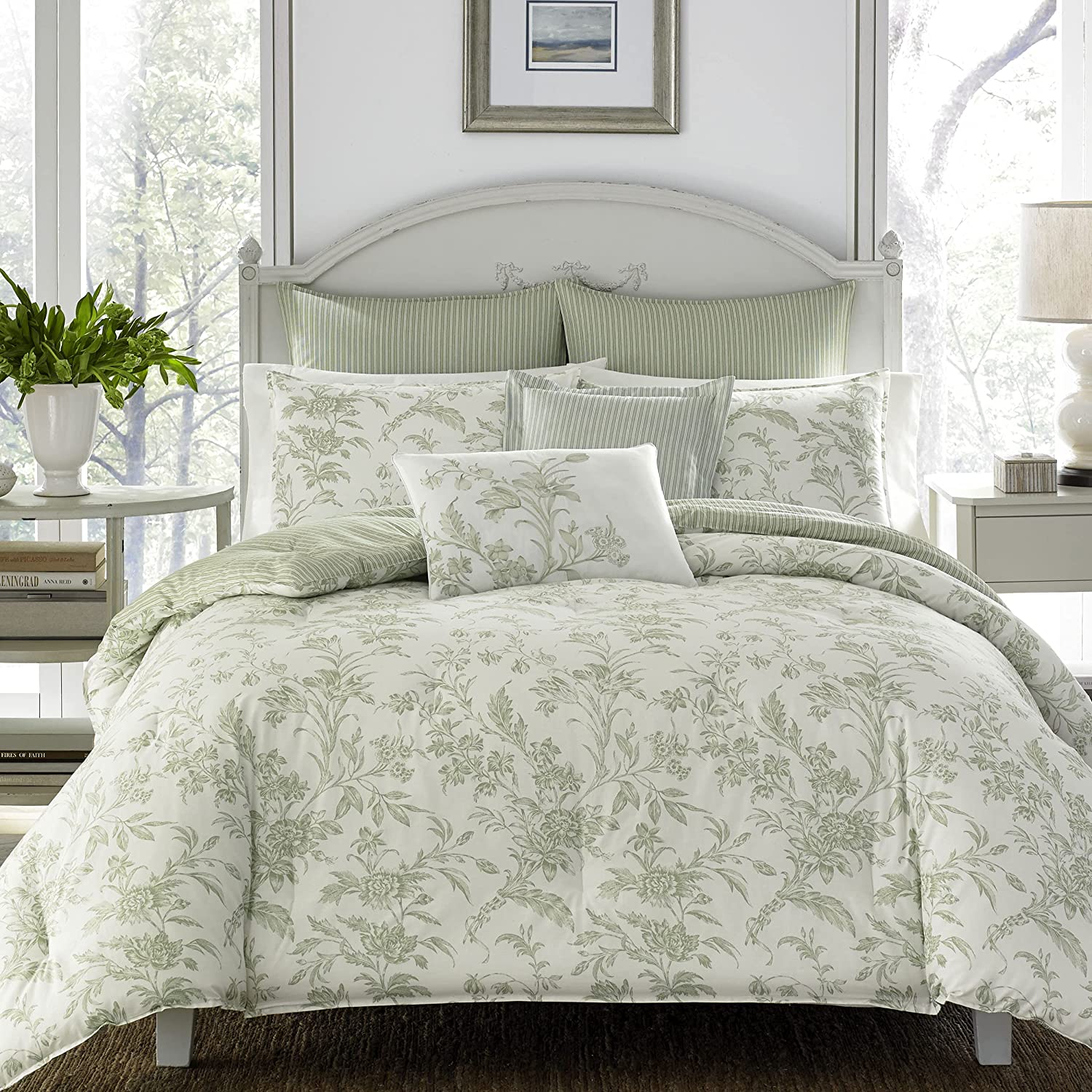 Price:$139.30  Ashley Home | Natalie Collection | 7pc Duvet Cover Set - 100% Cotton, Reversible, Medium Weight Bedding, Includes Bonus Euro Shams and Throw Pillows, Queen, Green : Home & Kitchen