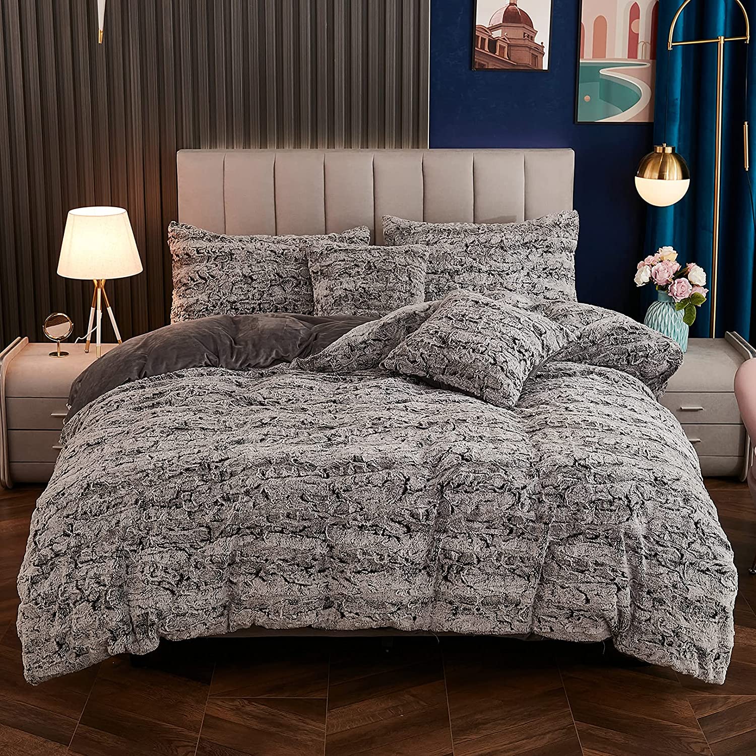 Price:$56.99  Soft Fluffy Ombre Brushed Faux Fur Duvet Cover Set Luxury Shaggy Mink Velvet Comforter Cover with Pillowcases (Queen, Dark Grey) : Home & Kitchen