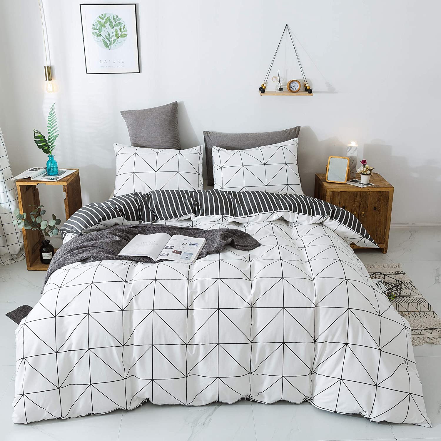 Price:$45.99  Girl Bedding Duvet Cover Sets - 3 Piece (1 Duvet Cover & 2 Pillowcases), Soft Cotton Stripe Geometric Bedding Set with Zipper Closure Corner Ties for Women Men Teen, White and Black, King : Home & Kitchen